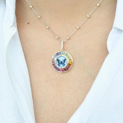 18 Karat Gold Butterfly Intaglio Multicolor Rainbow Baguette Circle Pendant