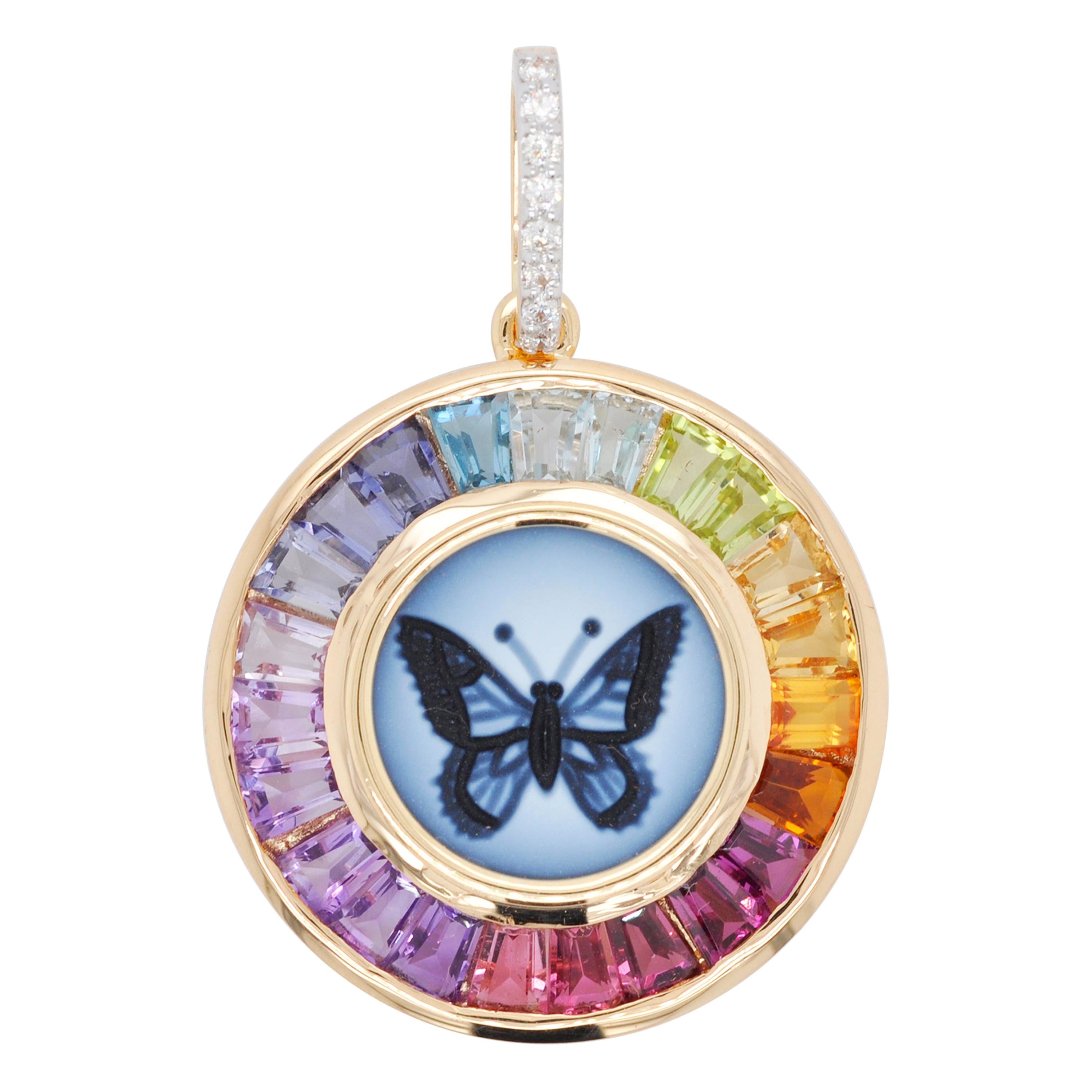 18 Karat Gold Butterfly Intaglio Multicolor Rainbow Baguette Circle Pendant