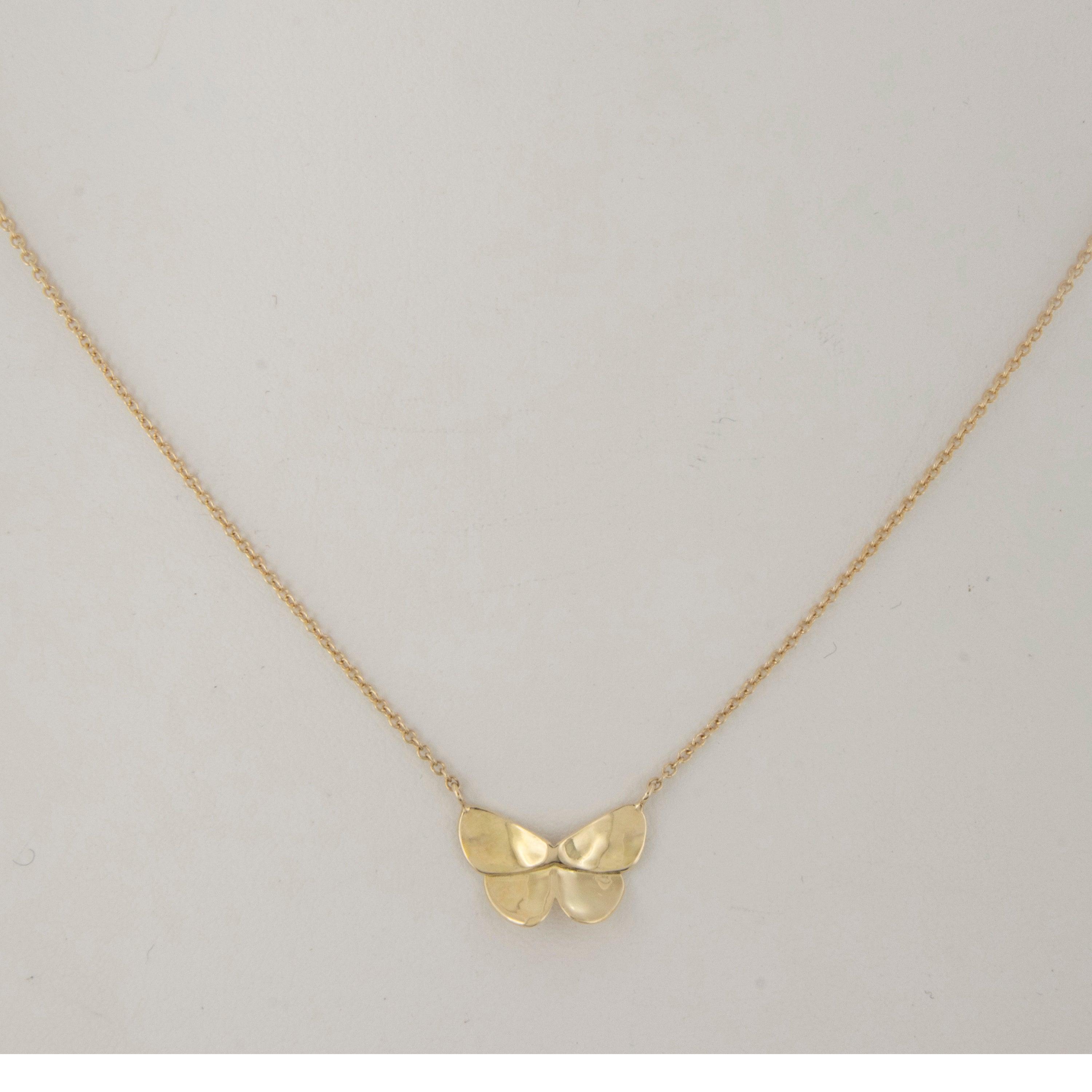 Reminiscent of a beautiful summer day, this butterfly necklace will send your heart a flutter! Necklace is made in rich 18 karat yellow gold by Campanelli & Pear with exquisite attention to detail.  Perfect at 17