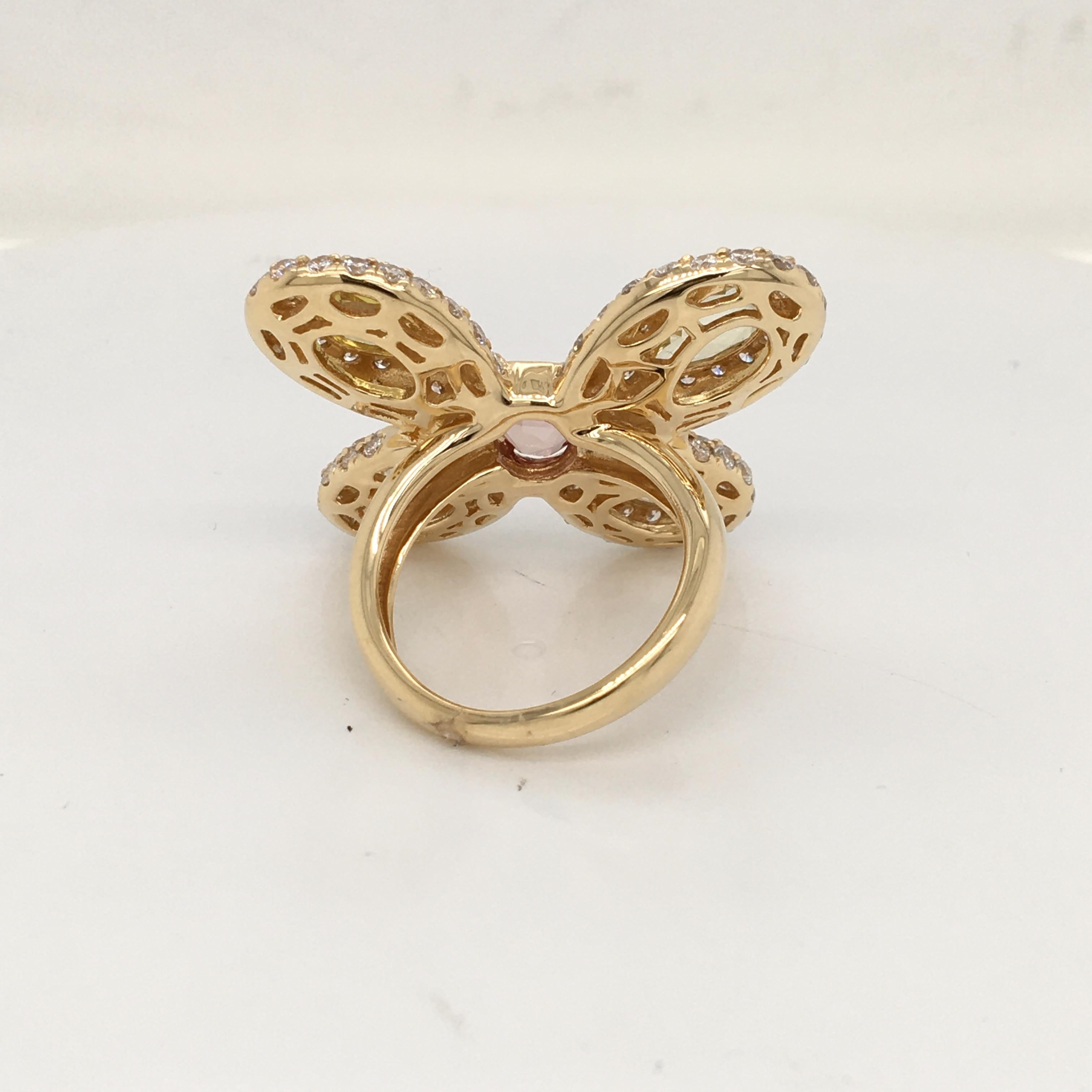 Round Cut 18 Karat Yellow Gold Butterfly Ring with Diamonds and Yellow Sapphires For Sale