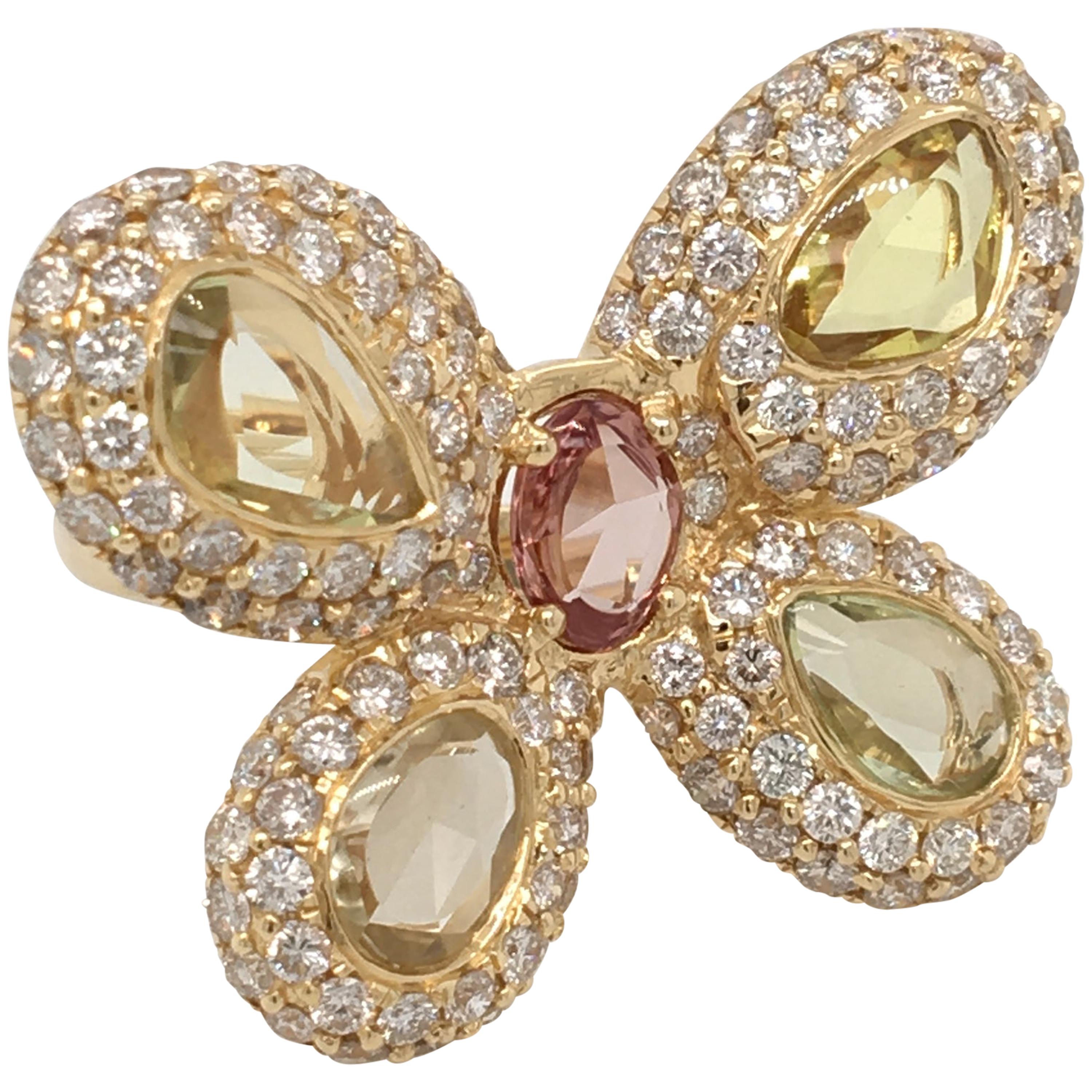 18 Karat Yellow Gold Butterfly Ring with Diamonds and Yellow Sapphires For Sale