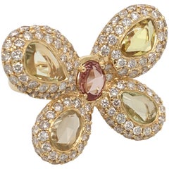 18 Karat Yellow Gold Butterfly Ring with Diamonds and Yellow Sapphires