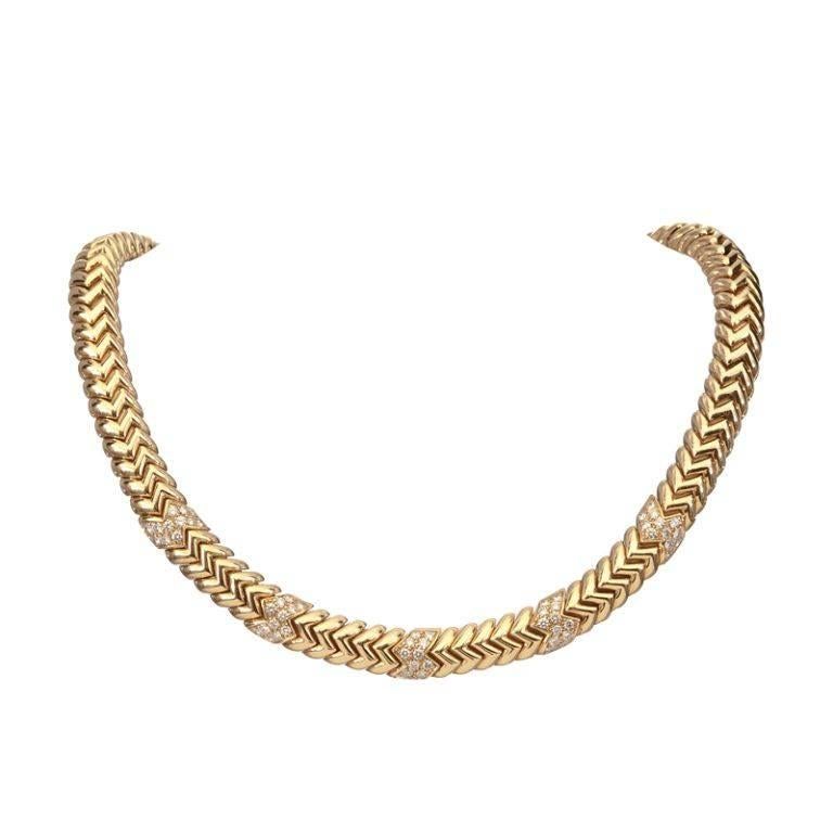 18 Karat Yellow Gold Bvlgari Spiga Diamond Necklace For Sale