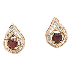 18 Karat Yellow Gold Cabachon Garnet and Diamond Stud Earrings