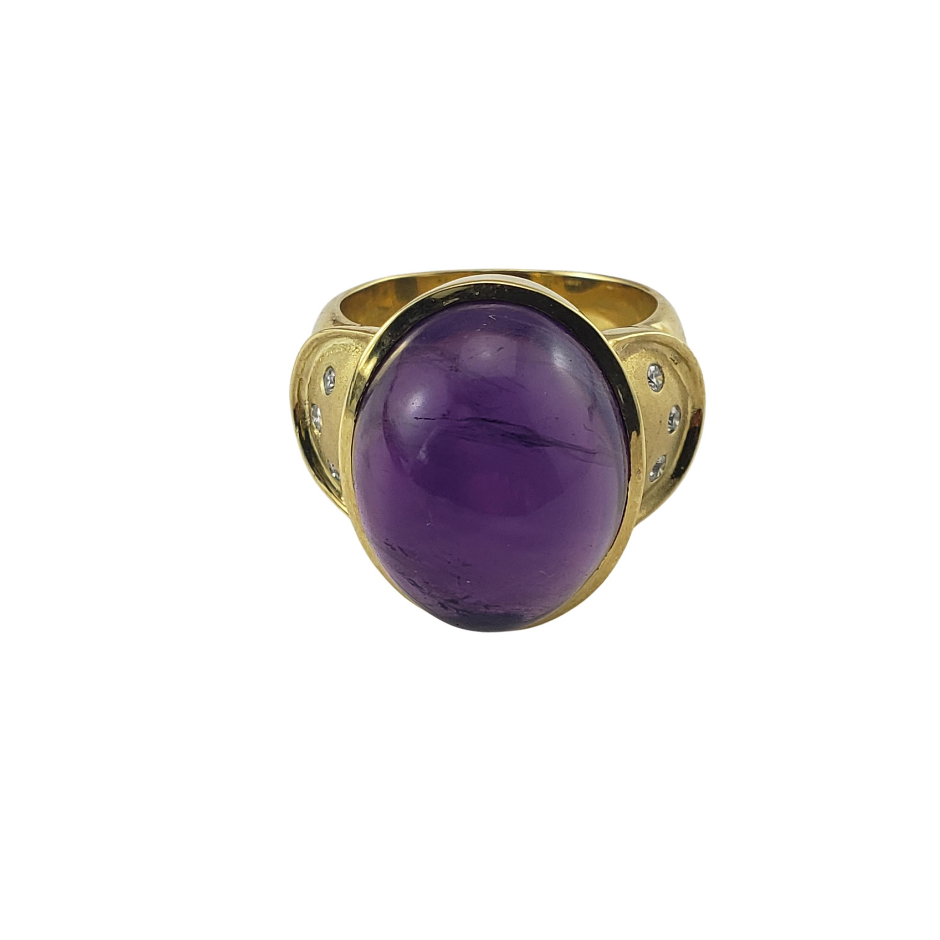 18 Karat Yellow Gold and Cabochon Amethyst and Diamond Ring Size 8 GAI Certified-

This stunning ring features one oval cabochon amethyst (19 mm x 15 mm) and six round brilliant cut diamonds set in classic 18K yellow gold.  Shank: 7 mm.

Total
