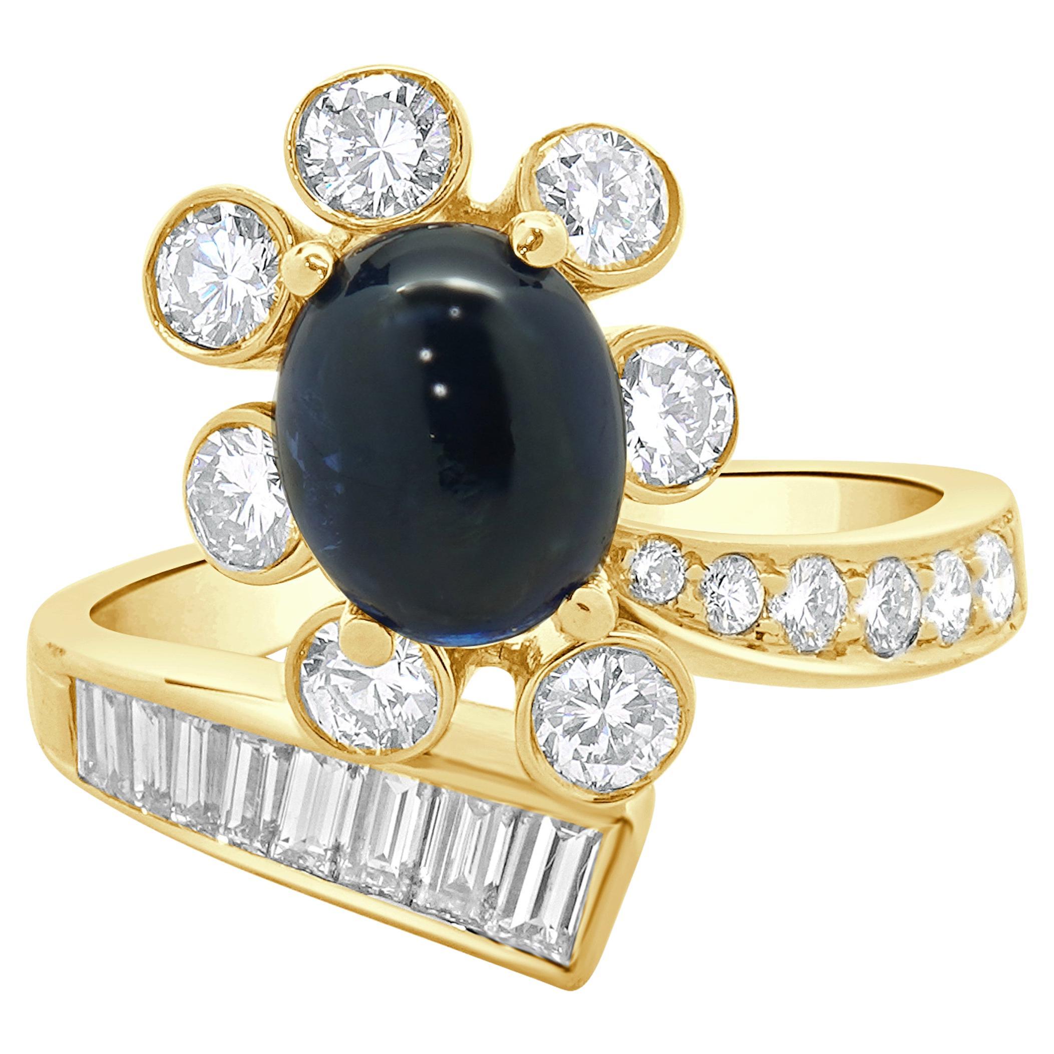 18 Karat Yellow Gold Cabochon Cut Sapphire and Diamond Bypass Ring For Sale