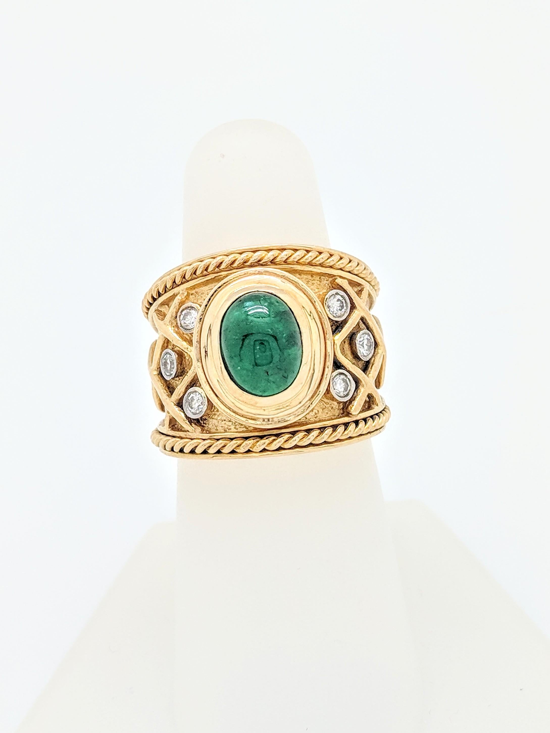 Contemporary 18 Karat Yellow Gold Cabochon Emerald and Diamond Ring
