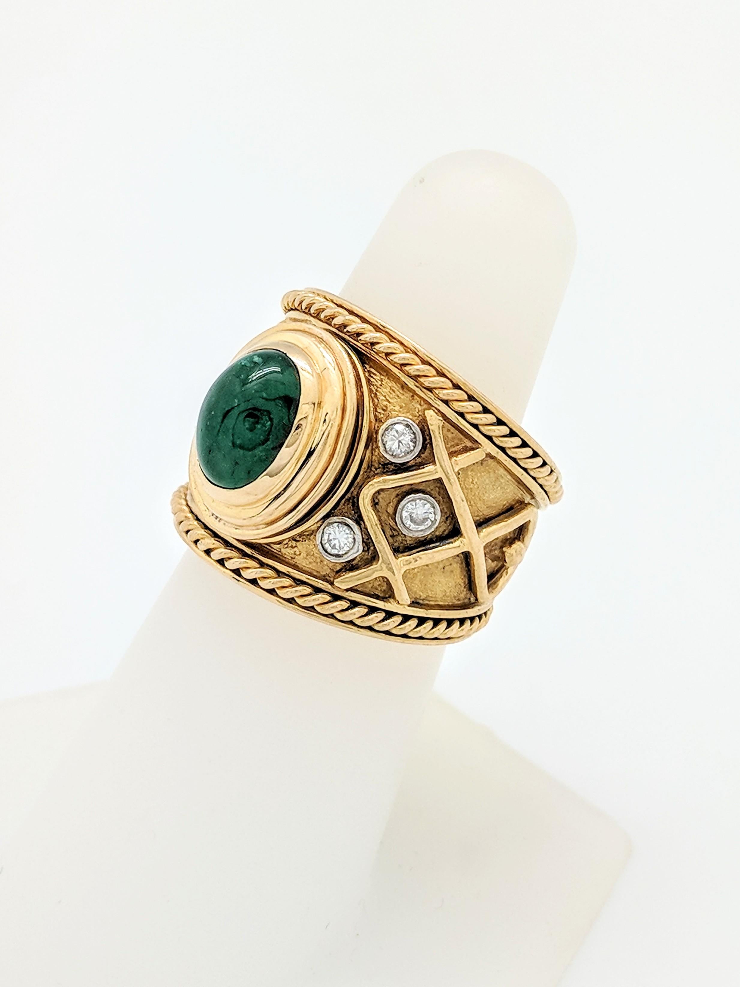 Oval Cut 18 Karat Yellow Gold Cabochon Emerald and Diamond Ring