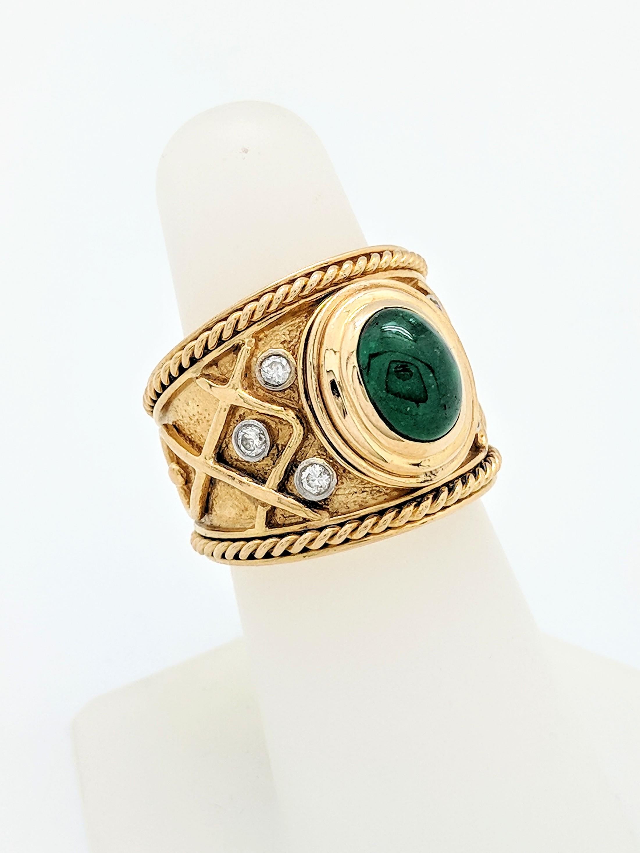 18 Karat Yellow Gold Cabochon Emerald and Diamond Ring In Excellent Condition In Gainesville, FL