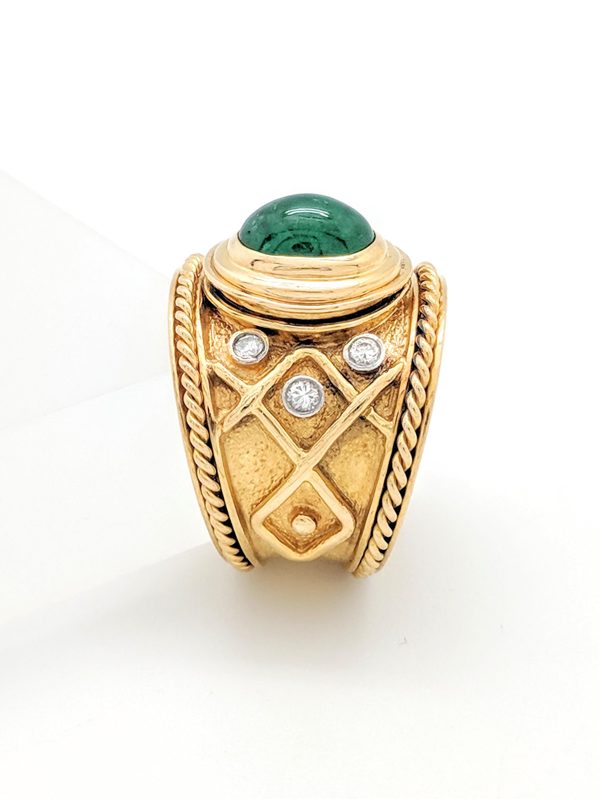 Women's 18 Karat Yellow Gold Cabochon Emerald and Diamond Ring