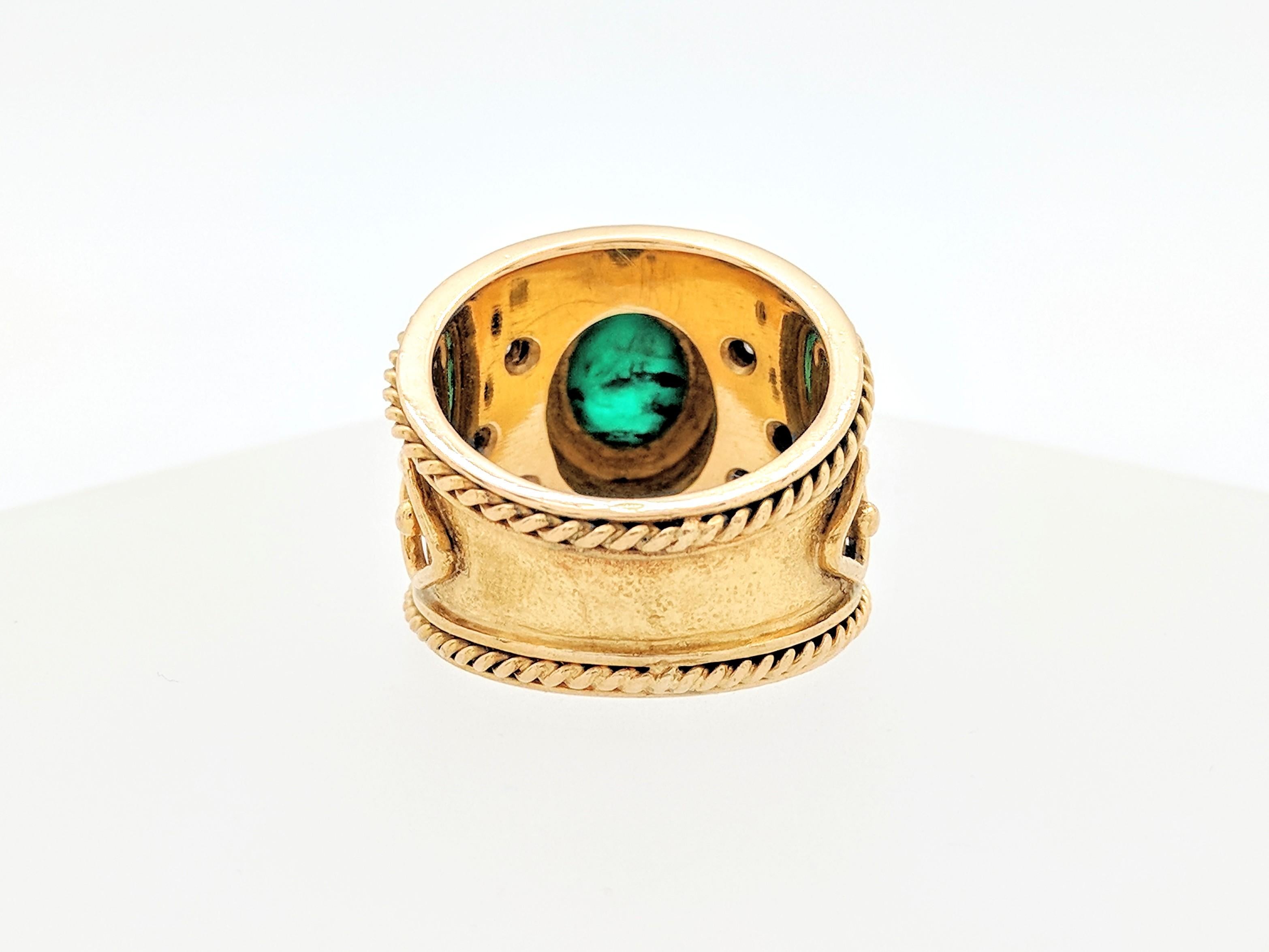 18 Karat Yellow Gold Cabochon Emerald and Diamond Ring 1