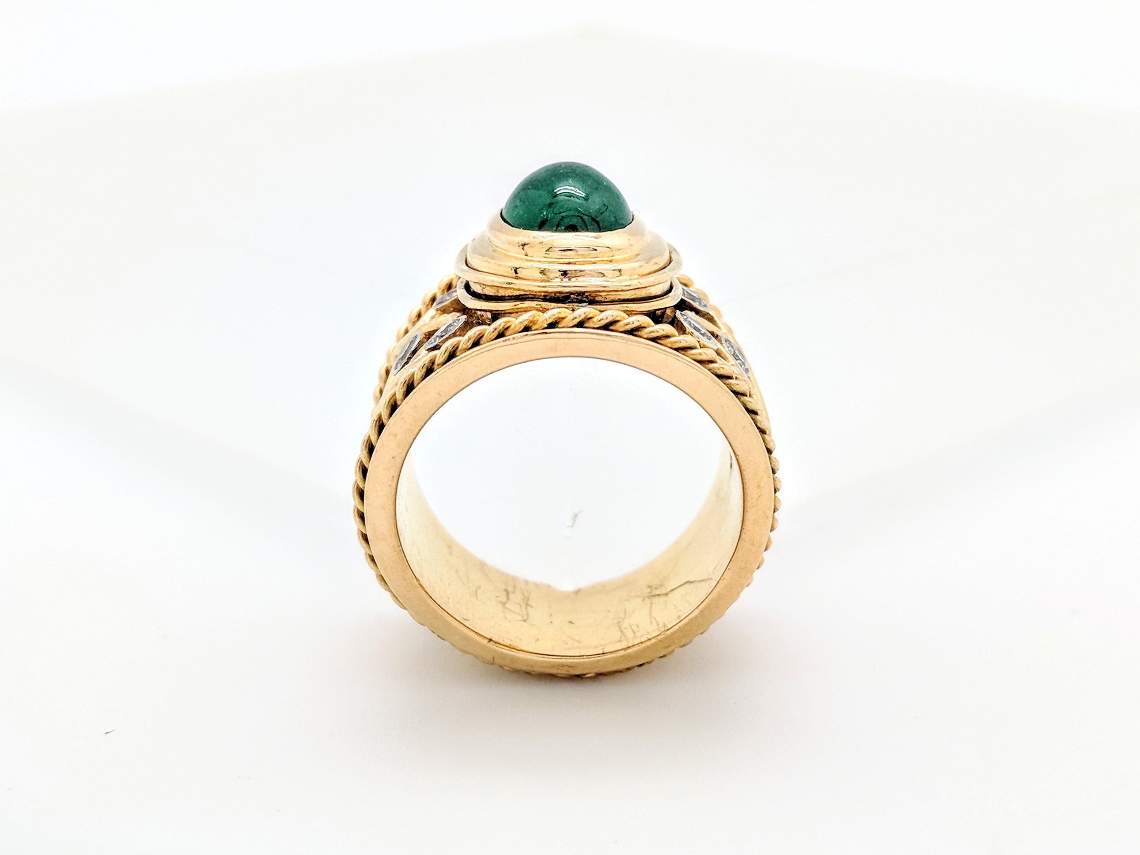 18 Karat Yellow Gold Cabochon Emerald and Diamond Ring 2