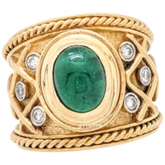 18 Karat Yellow Gold Cabochon Emerald and Diamond Ring