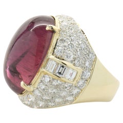 18 Karat Yellow Gold Cabochon Pink Tourmaline and Diamond Ring