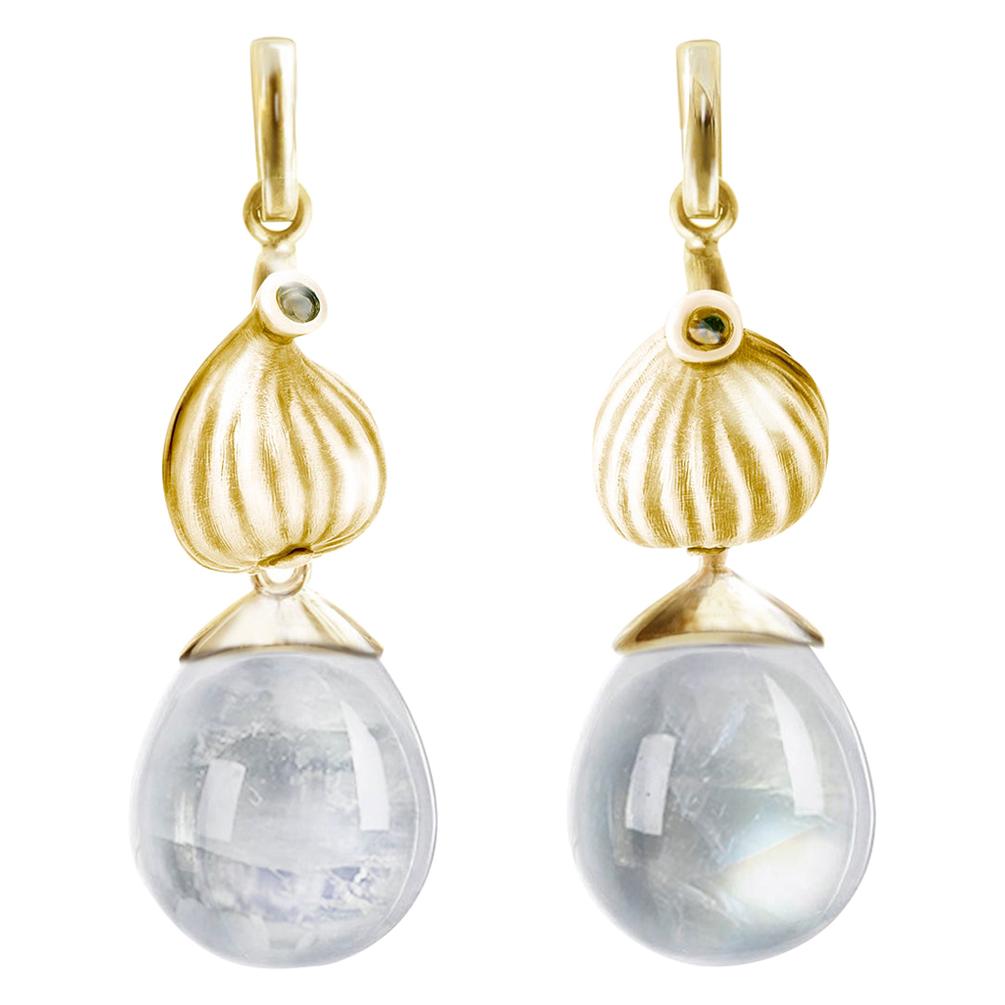 Yellow Gold Cabochon Quartz Contemporary Drop Earrings with Diamonds For Sale