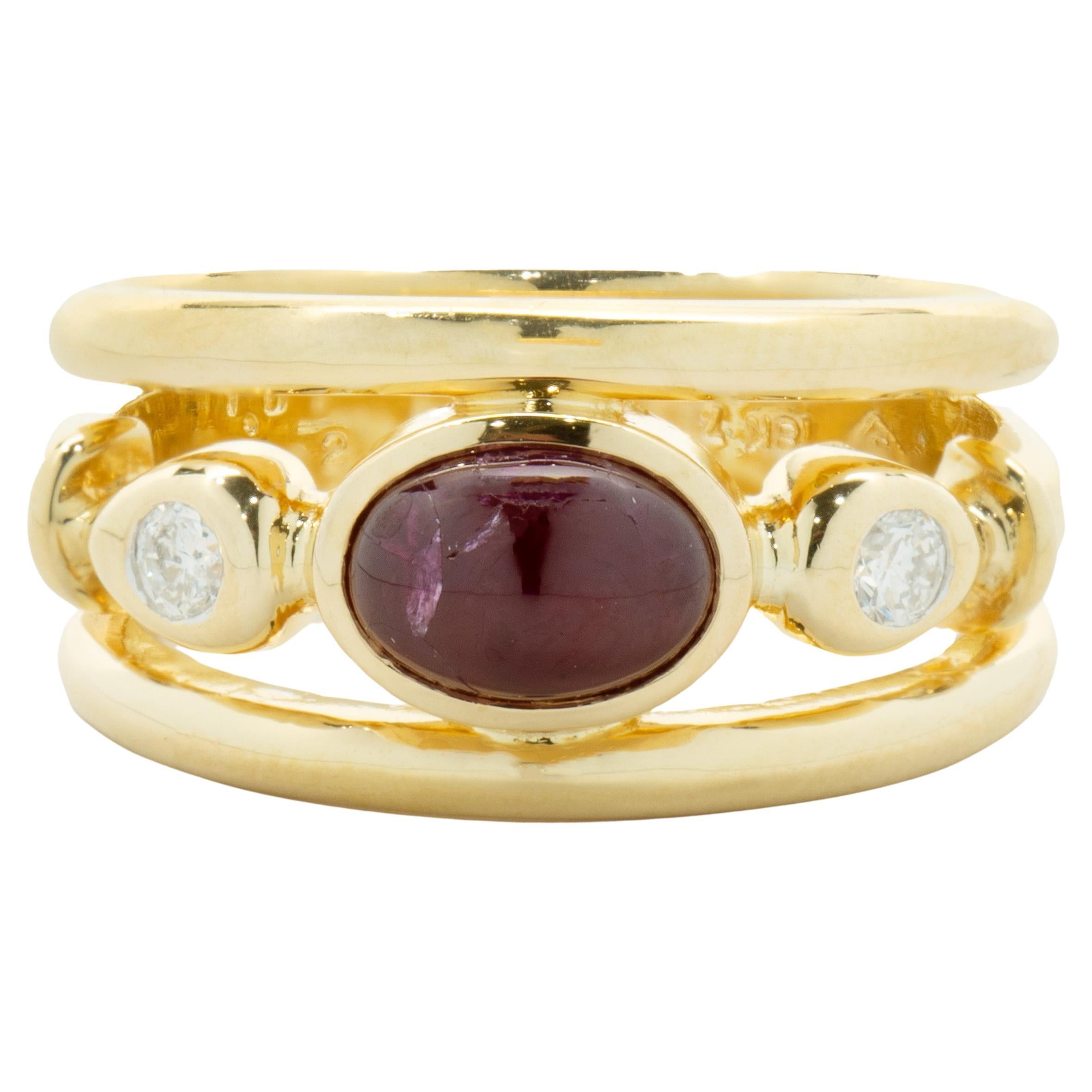 18 Karat Yellow Gold Cabochon Ruby and Diamond Bezel Set Ring For Sale