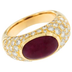 18 Karat Yellow Gold Cabochon Ruby and Diamond Bombe' Band Ring