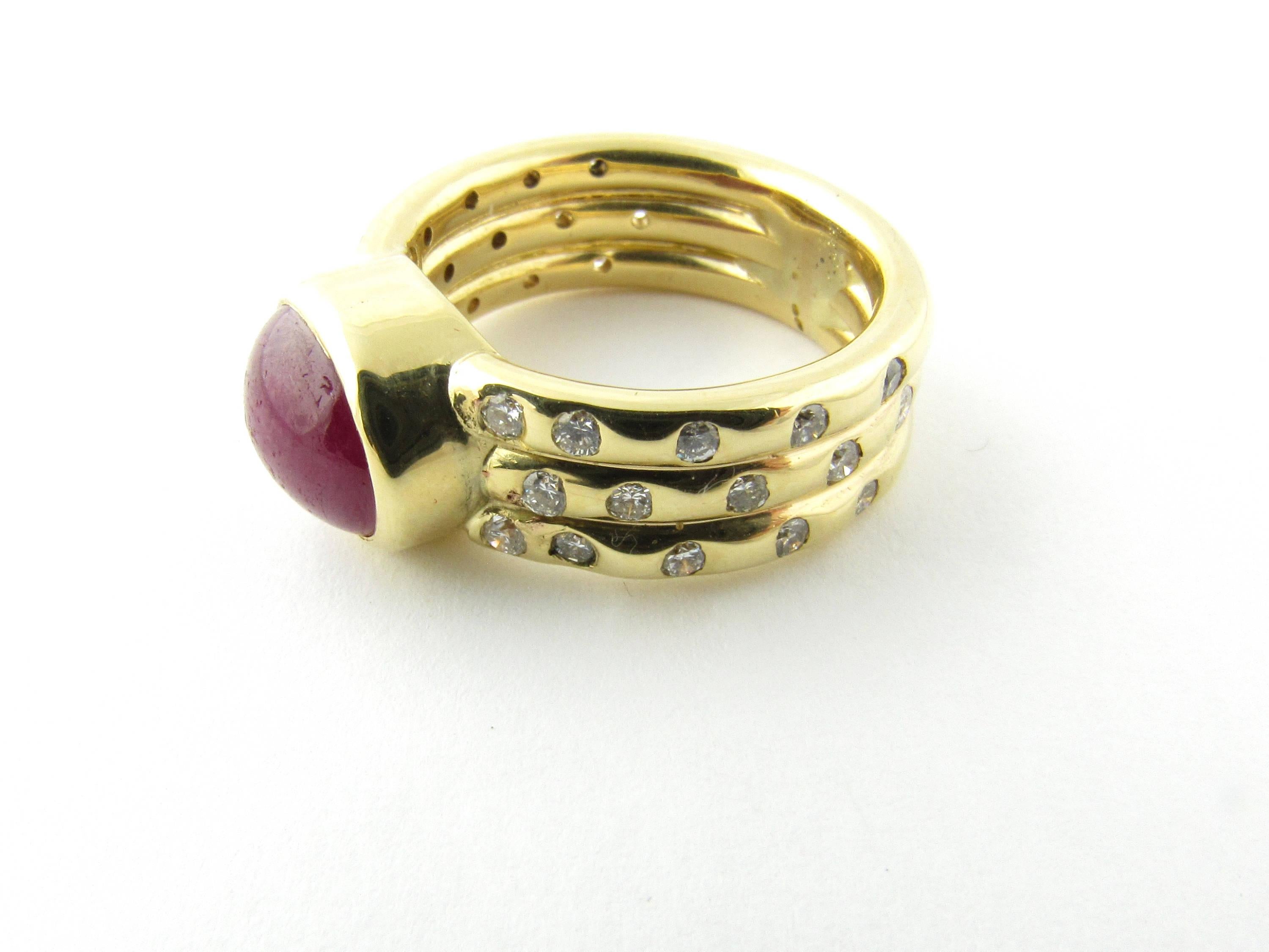 Vintage 18 Karat Yellow Gold Cabochon Ruby and Diamond Ring Size 6.25

This stunning ring features one genuine oval cabochon ruby (9 mm x 7 mm) set in classic 18K yellow gold. The triple band is decorated with 30 round brilliant cut diamonds Shank