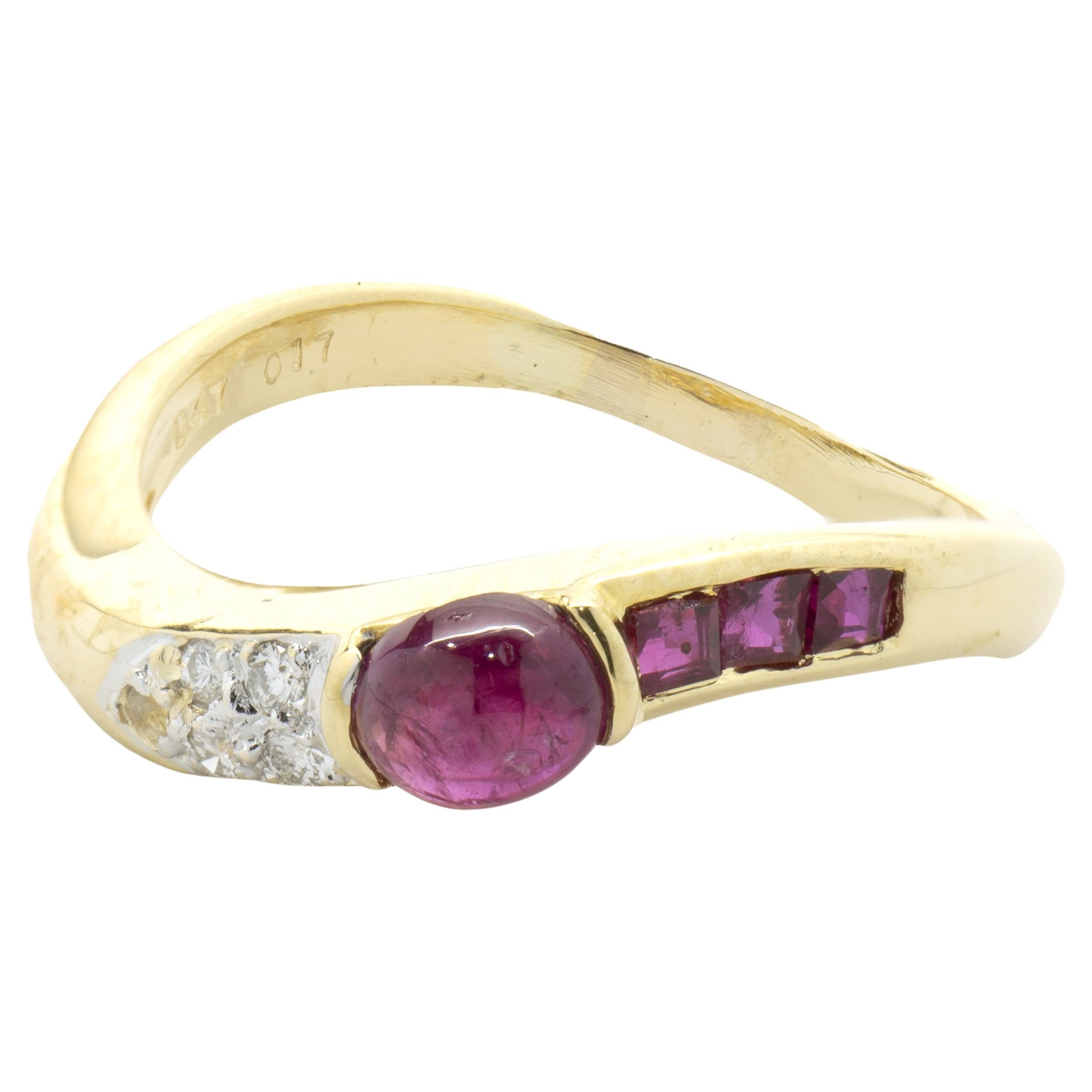 18 Karat Yellow Gold Cabochon Ruby and Diamond Ring For Sale