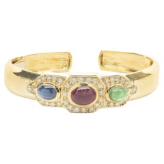 18 Karat Yellow Gold Cabochon Ruby, Sapphire, Emerald and Diamond Cuff Bracelet
