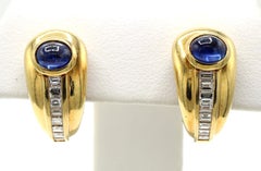 18 Karat Yellow Gold  Cabochon Sapphire Diamond Hoop Earrings