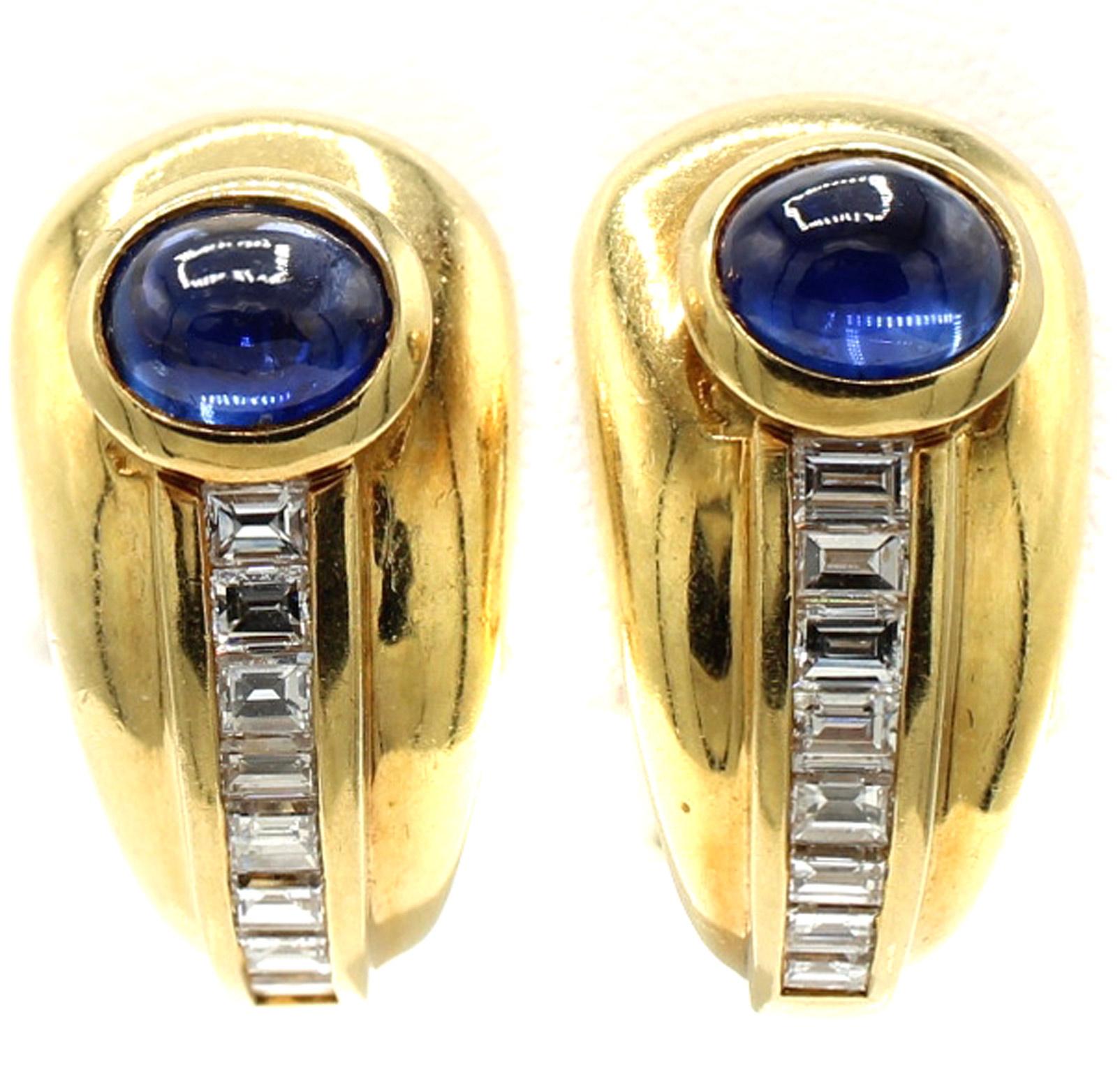 Taille mixte Or jaune 18 carats  Boucles d'oreilles Cabochon Saphir Diamant en vente