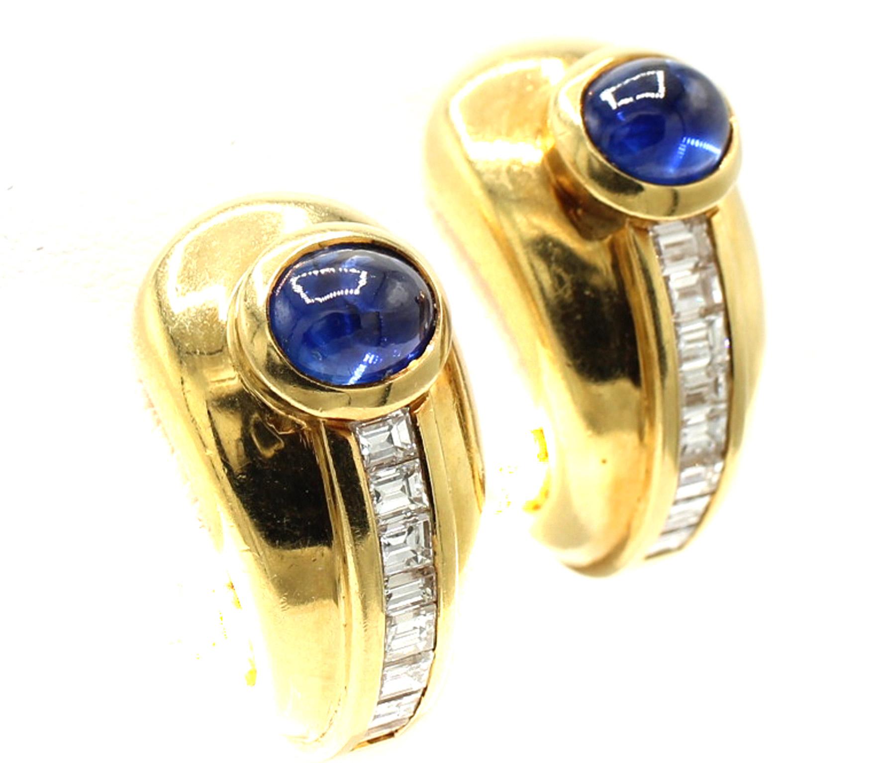 Or jaune 18 carats  Boucles d'oreilles Cabochon Saphir Diamant Unisexe en vente