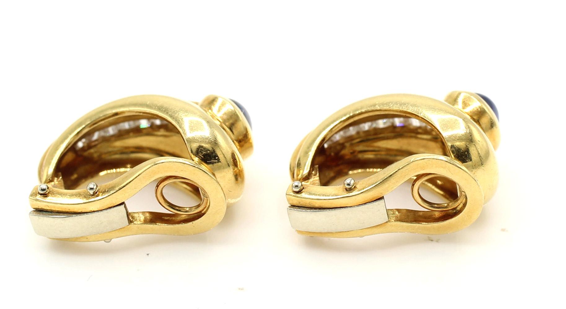 Or jaune 18 carats  Boucles d'oreilles Cabochon Saphir Diamant en vente 1