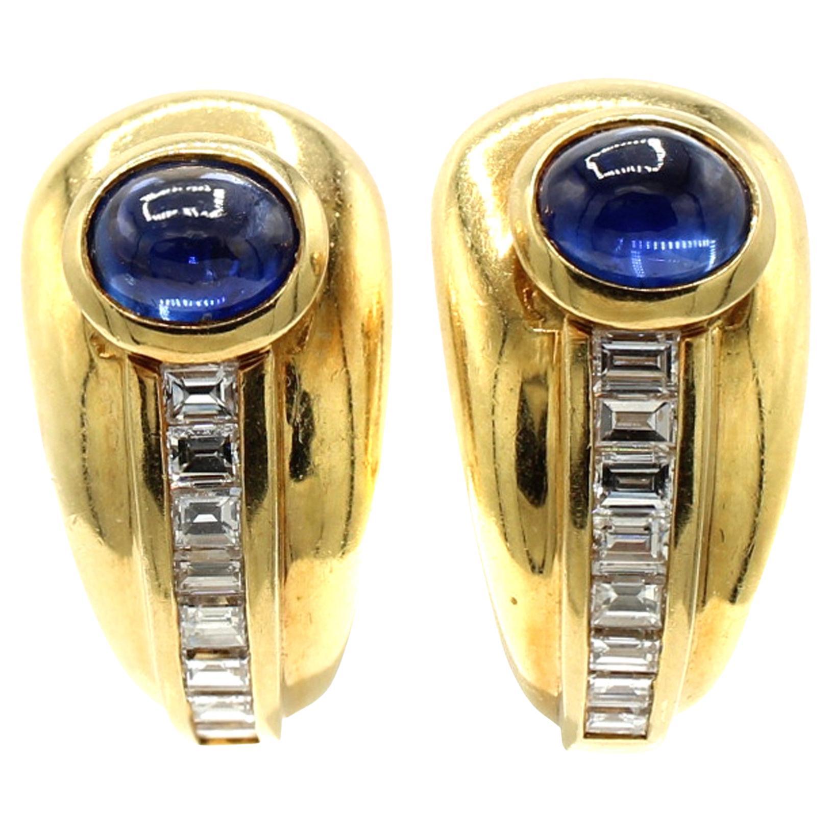 18 Karat Yellow Gold  Cabochon Sapphire Diamond Hoop Earrings