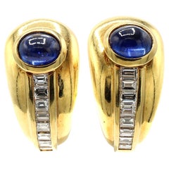 18 Karat Yellow Gold  Cabochon Sapphire Diamond Hoop Earrings