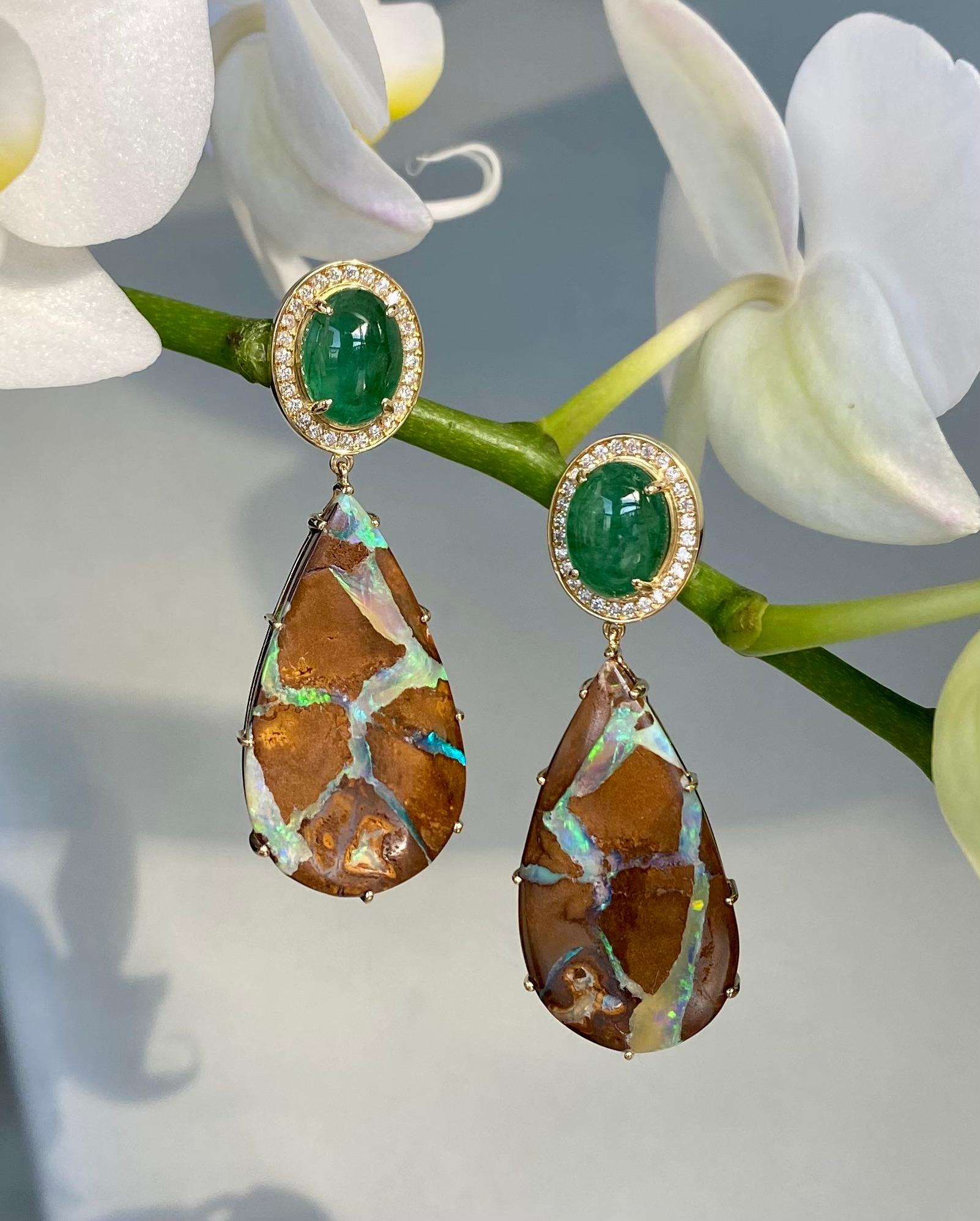 Contemporary 18 Karat Yellow Gold Cabochon Tsavorite Boulder Opal Diamond Drop Dangle Earring For Sale