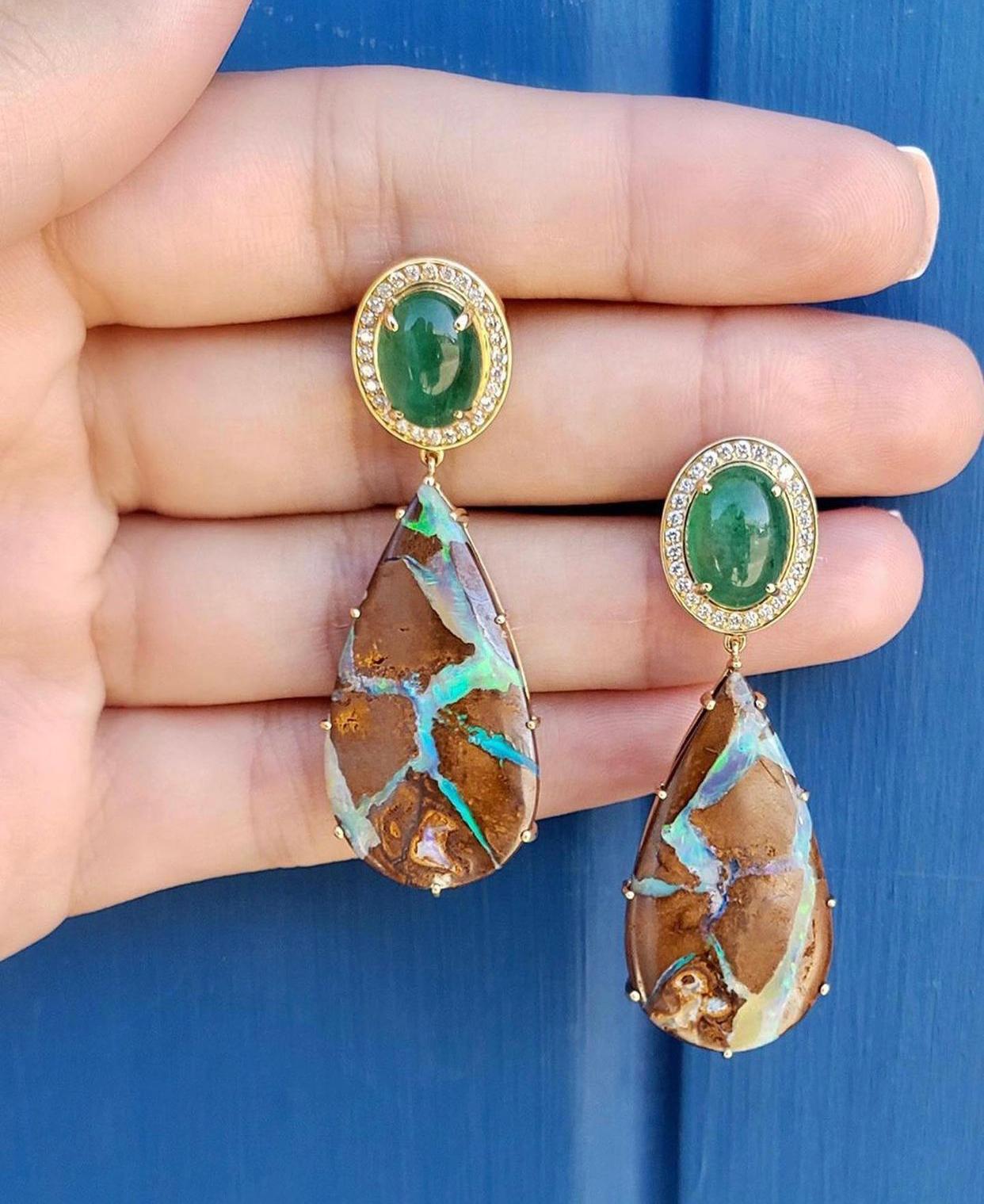 18 Karat Yellow Gold Cabochon Tsavorite Boulder Opal Diamond Drop Dangle Earring In New Condition For Sale In New York, NY