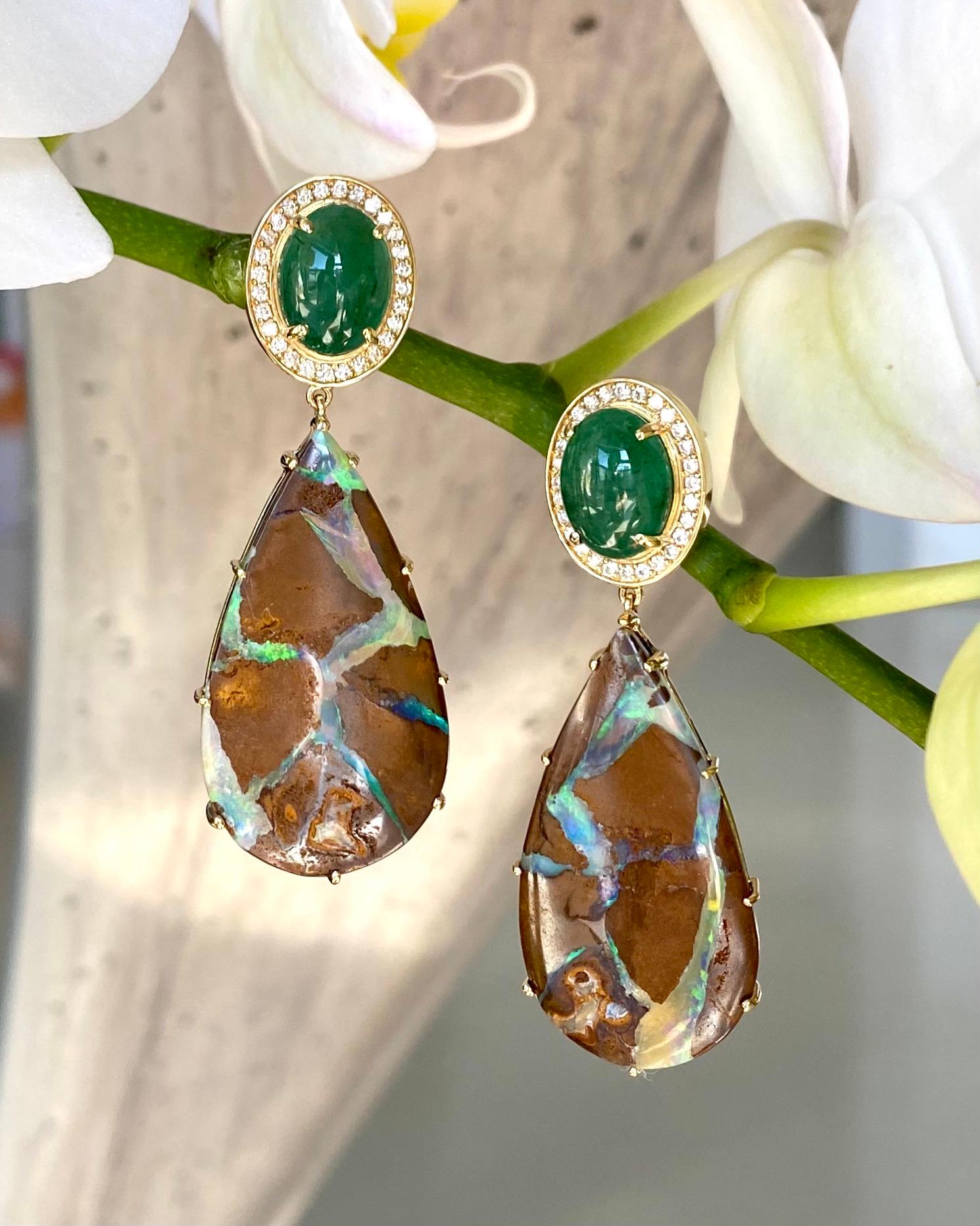 Women's 18 Karat Yellow Gold Cabochon Tsavorite Boulder Opal Diamond Drop Dangle Earring For Sale