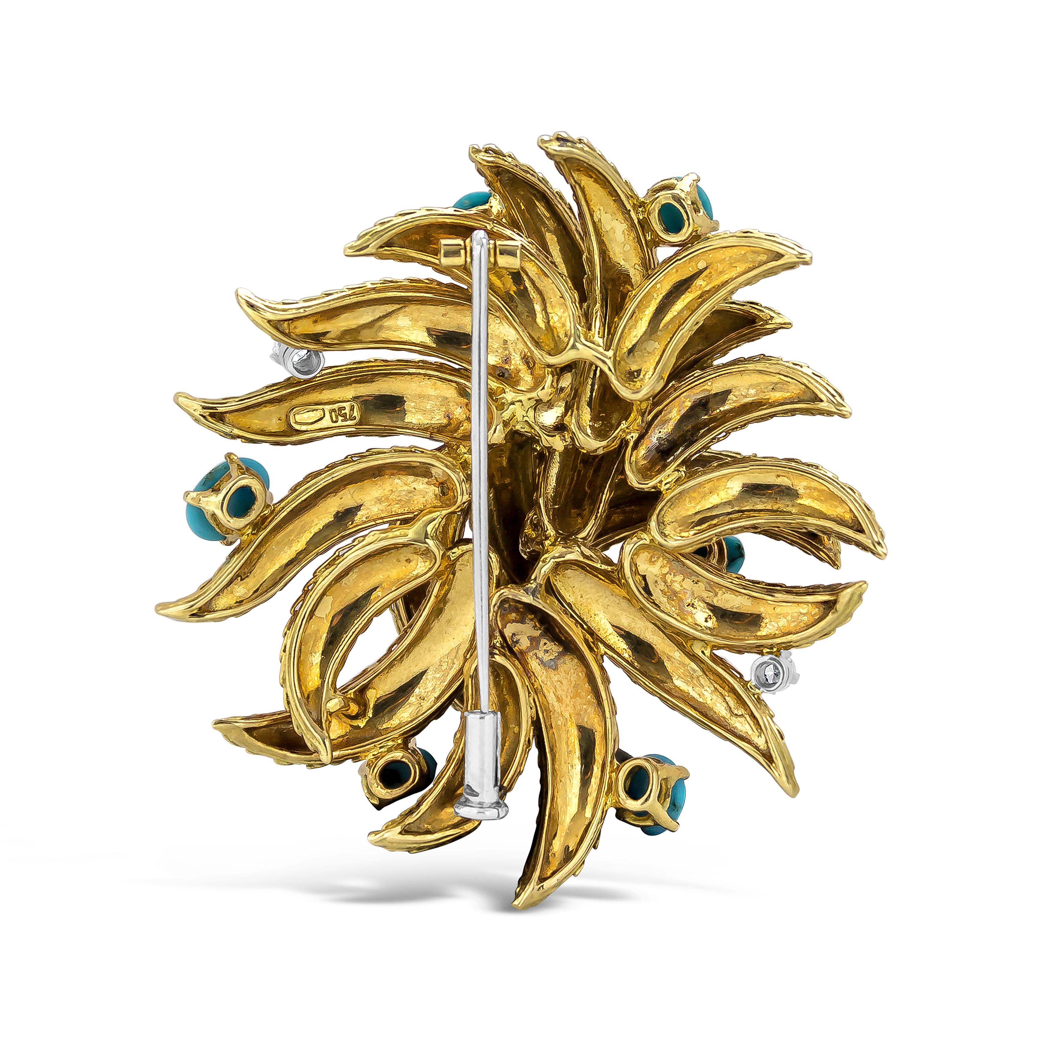 18 Karat Yellow Gold Cabochon Turquoise and Diamond Brooch In Good Condition In New York, NY
