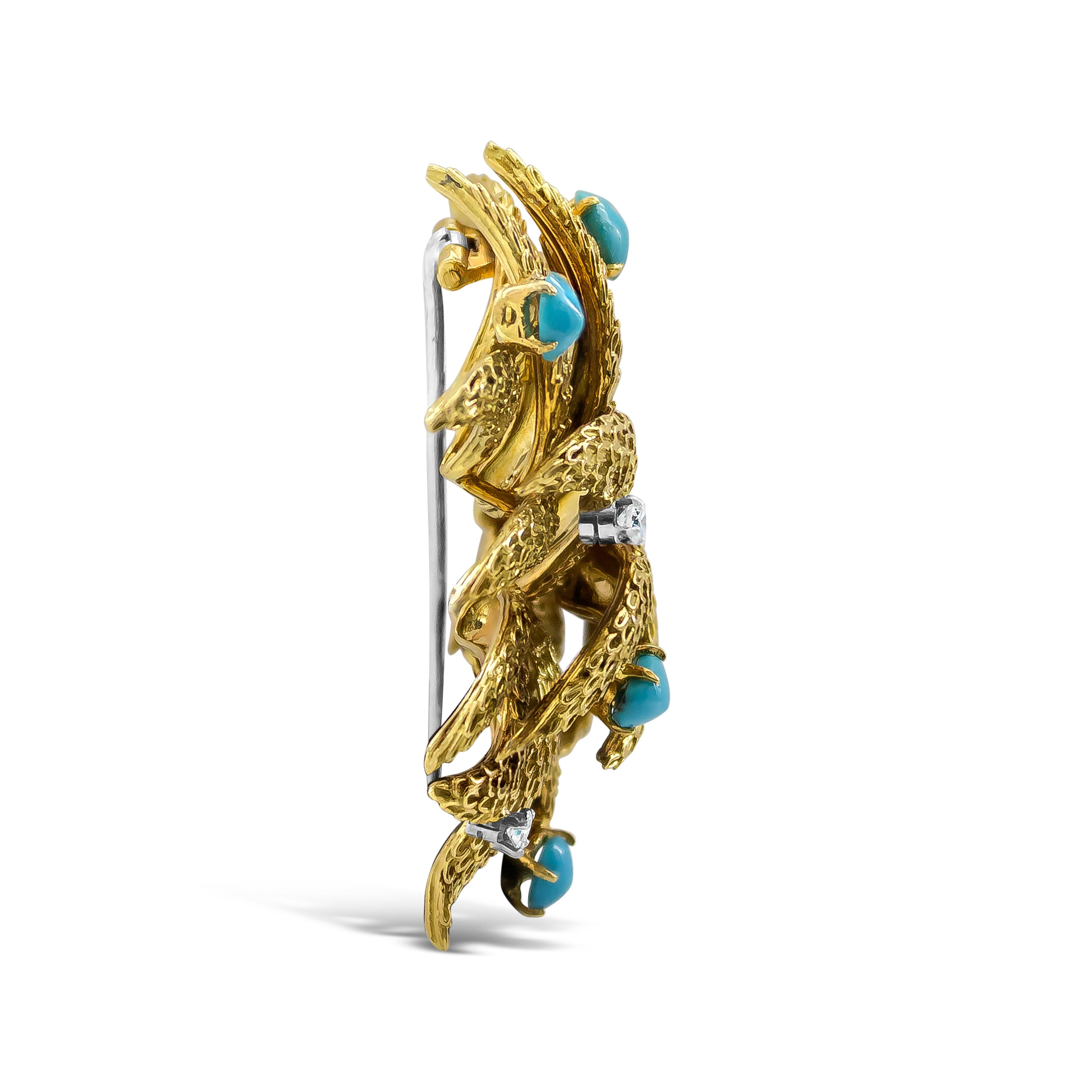 Women's 18 Karat Yellow Gold Cabochon Turquoise and Diamond Brooch