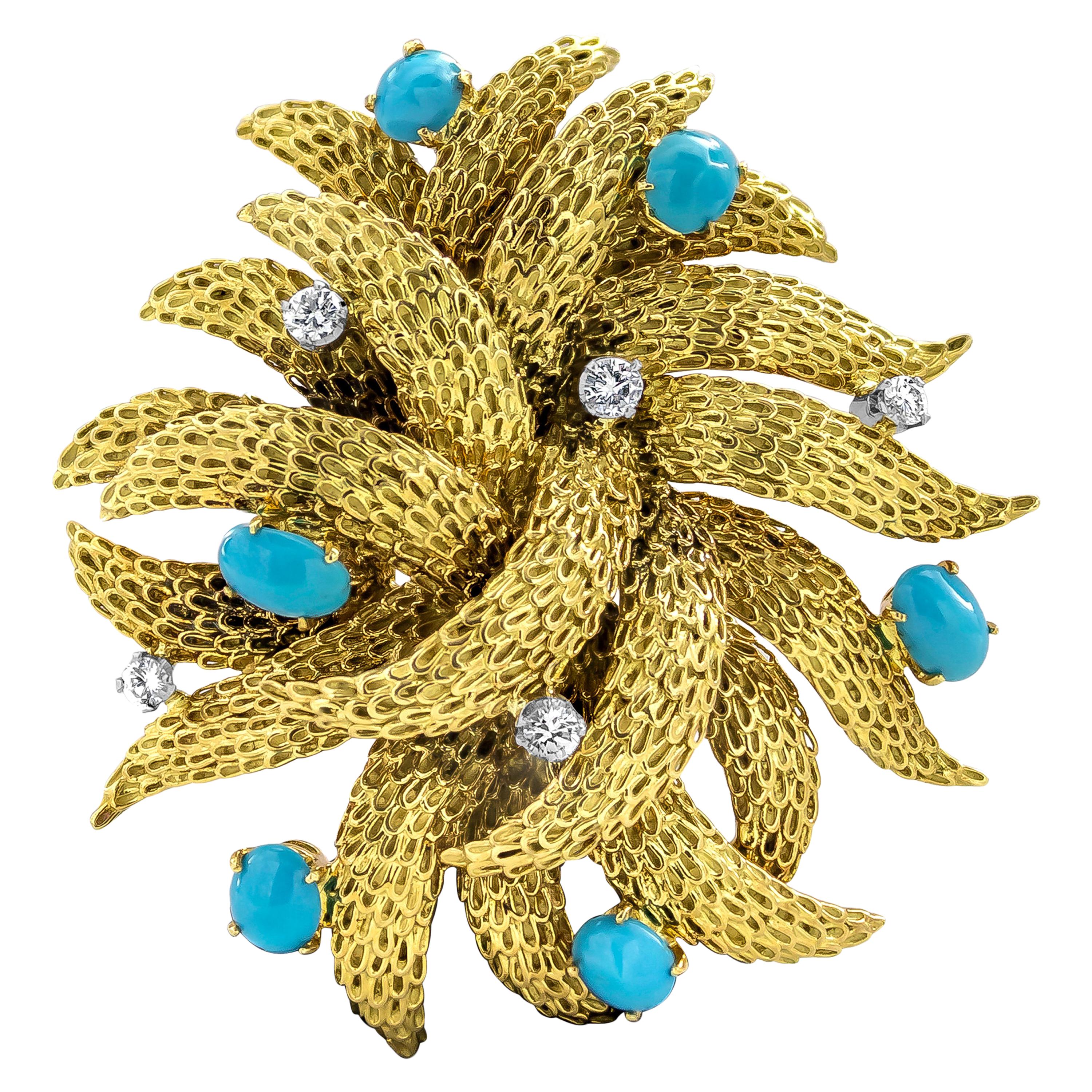 18 Karat Yellow Gold Cabochon Turquoise and Diamond Brooch