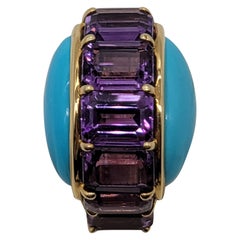 18 Karat Yellow Gold Cabochon Turquoise and Emerald Cut Amethyst Ring