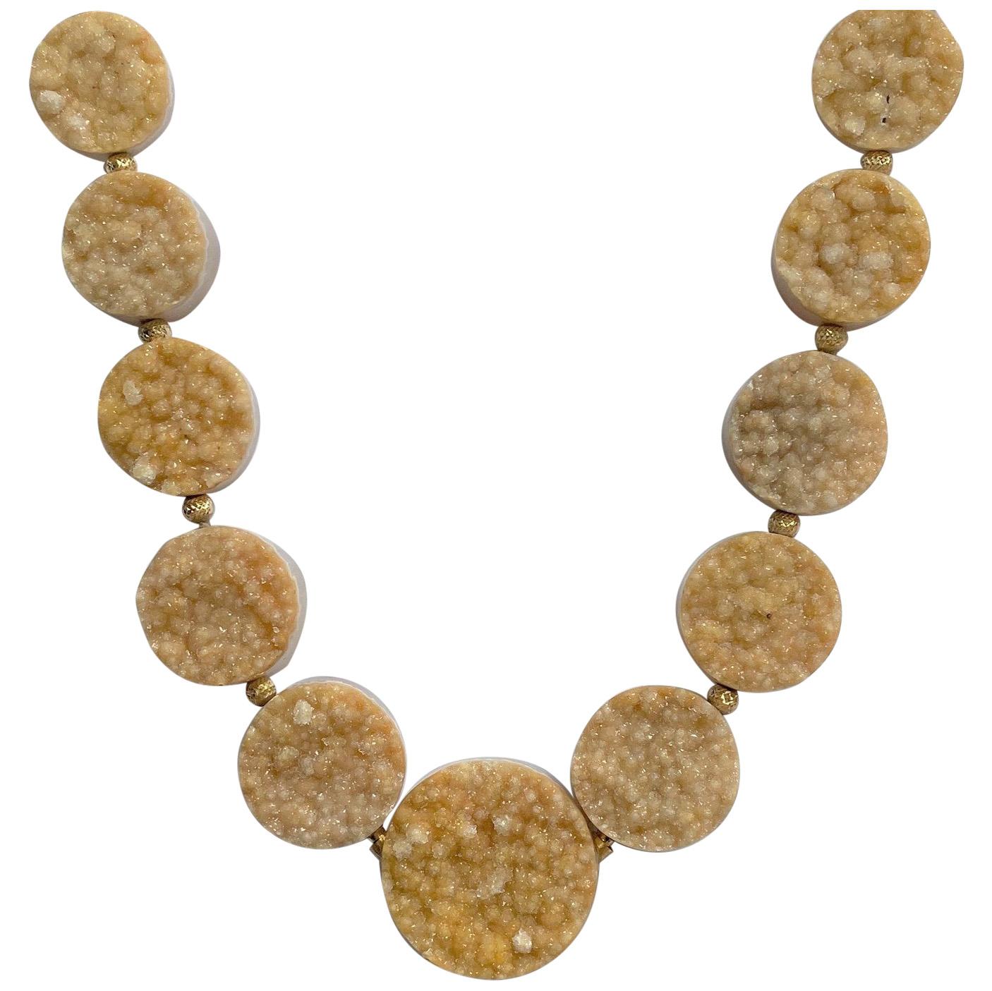 18 Karat Yellow Gold Camel Color Druzy Quartz Necklace