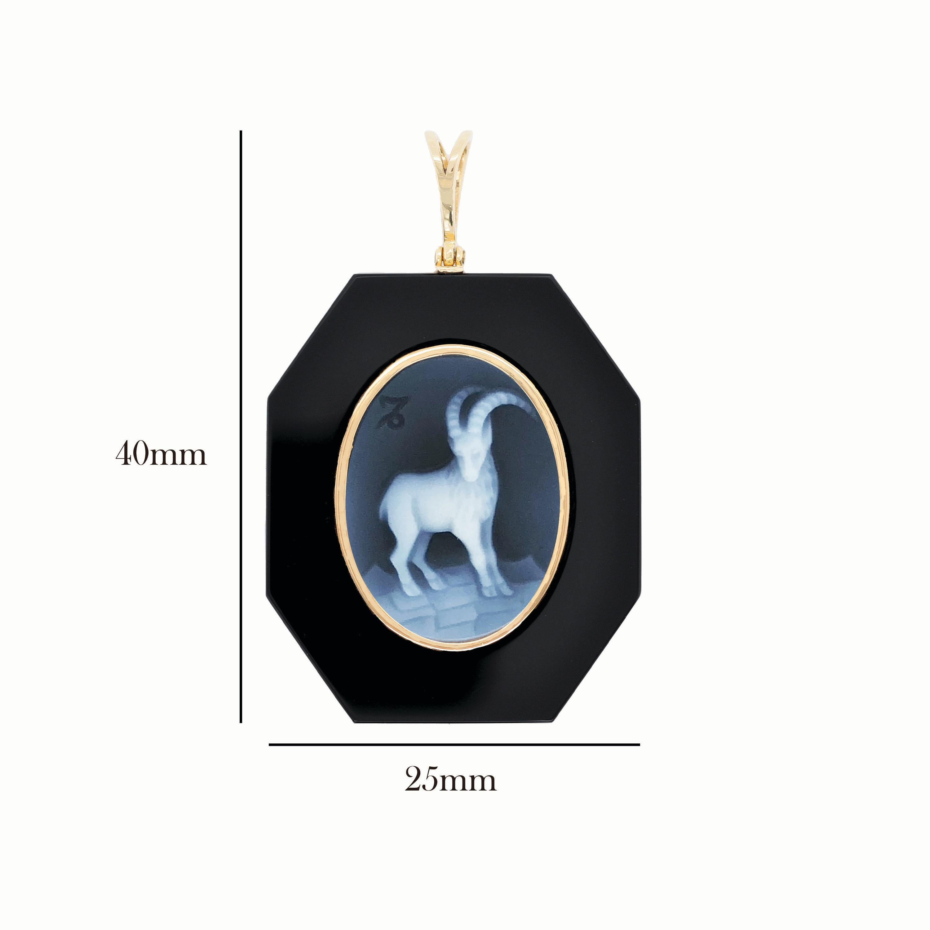 18 Karat Yellow Gold Capricorn Zodiac Agate Cameo Black Onyx Pendant Necklace For Sale 7