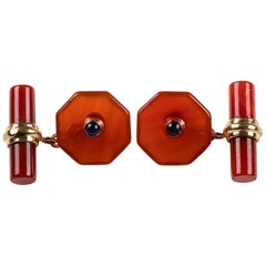 18 Karat Yellow Gold Carnelian Octagonal Sapphires Cufflinks