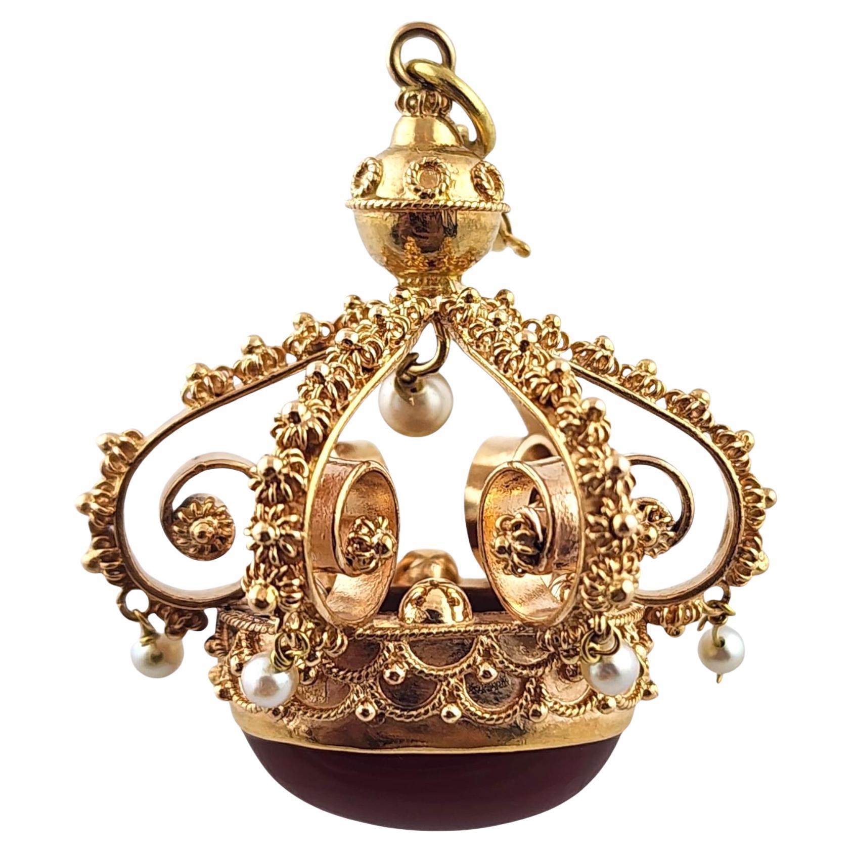 18 Karat Yellow Gold Carnelian & Pearls Ornate Crown Watch Fob #18743