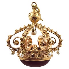 18 Karat Yellow Gold Carnelian & Pearls Ornate Crown Watch Fob #18743