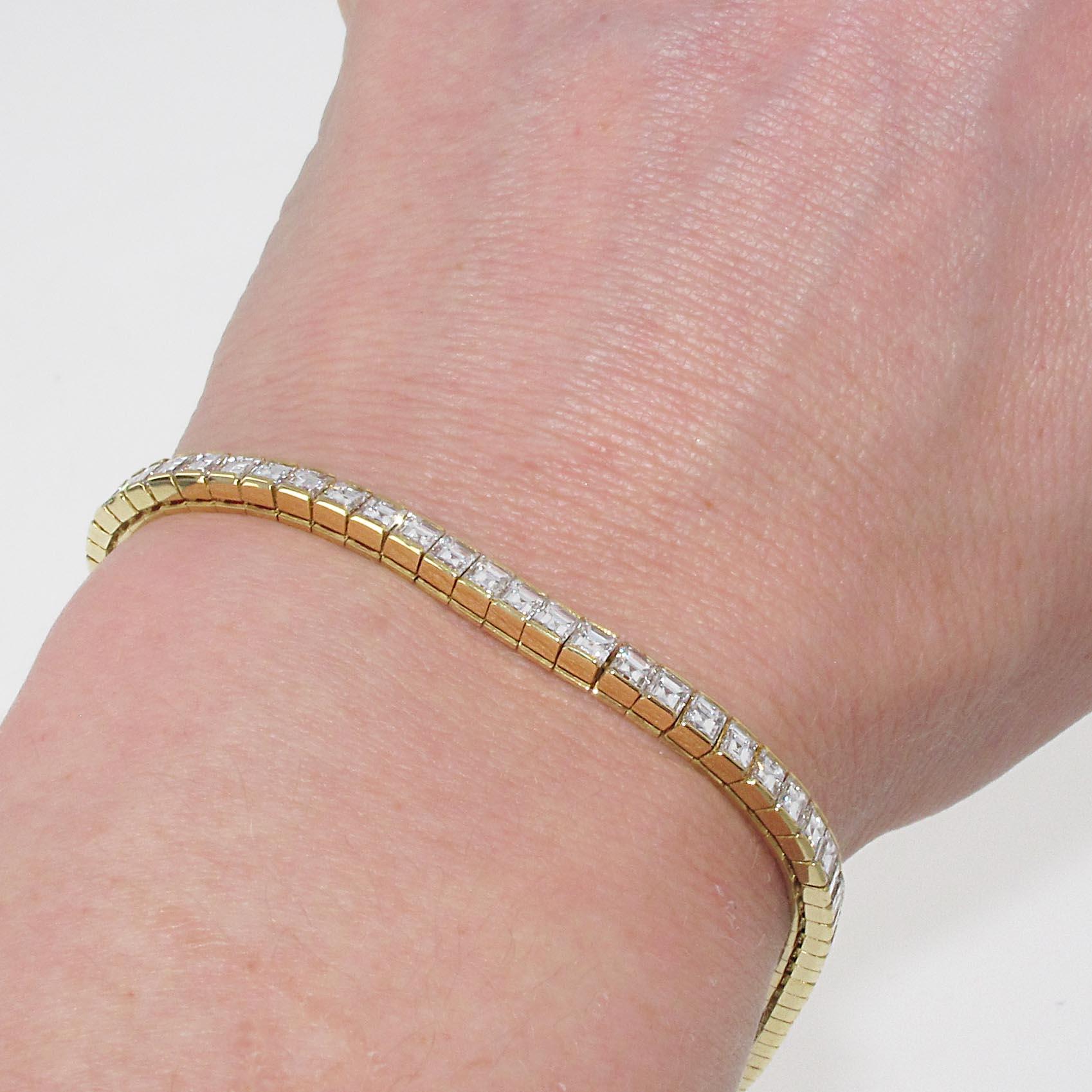 French Cut 18 Karat Yellow Gold Carre' Cut Diamond Tennis Bracelet