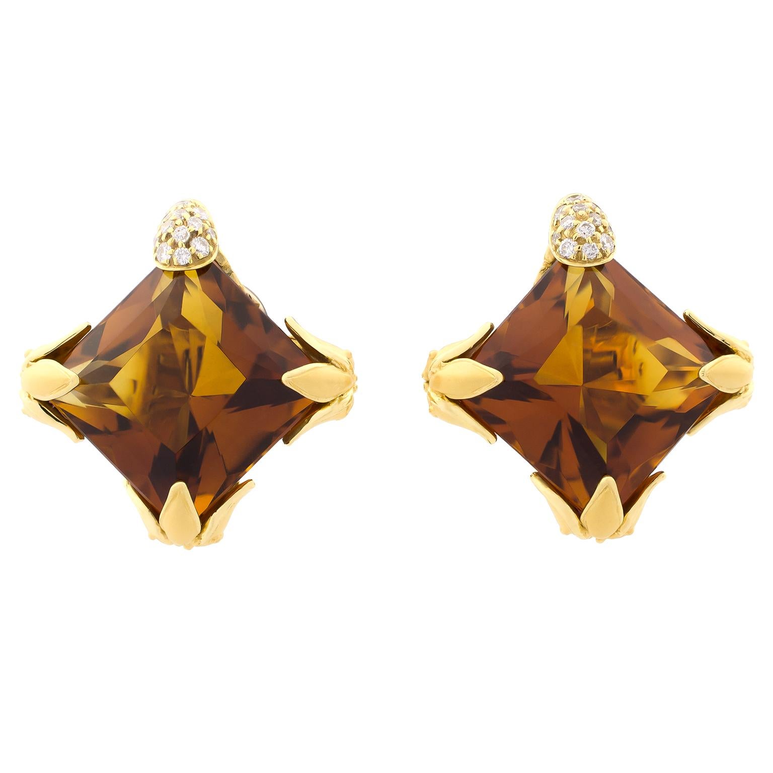 Women's 18 Karat Yellow Gold Carrera y Carrera Diamonds Citrines Earrings For Sale