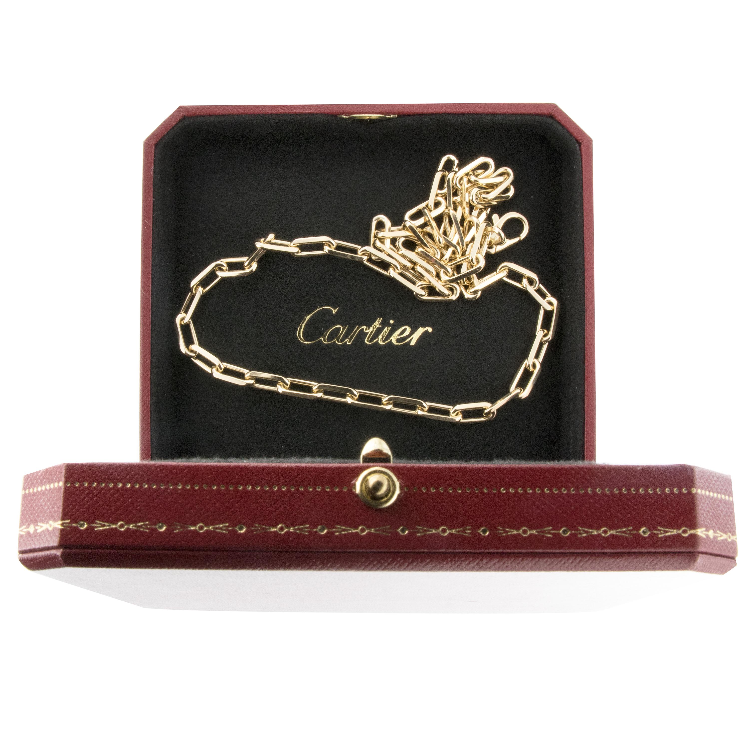 Iconic & recognizable necklace chain by Cartier with original box & papers. Cartier is one of the most prestigious jewelry manufacturers in the world with a long history for making jewelry for royalty. Why not own this timeless necklace & feel like