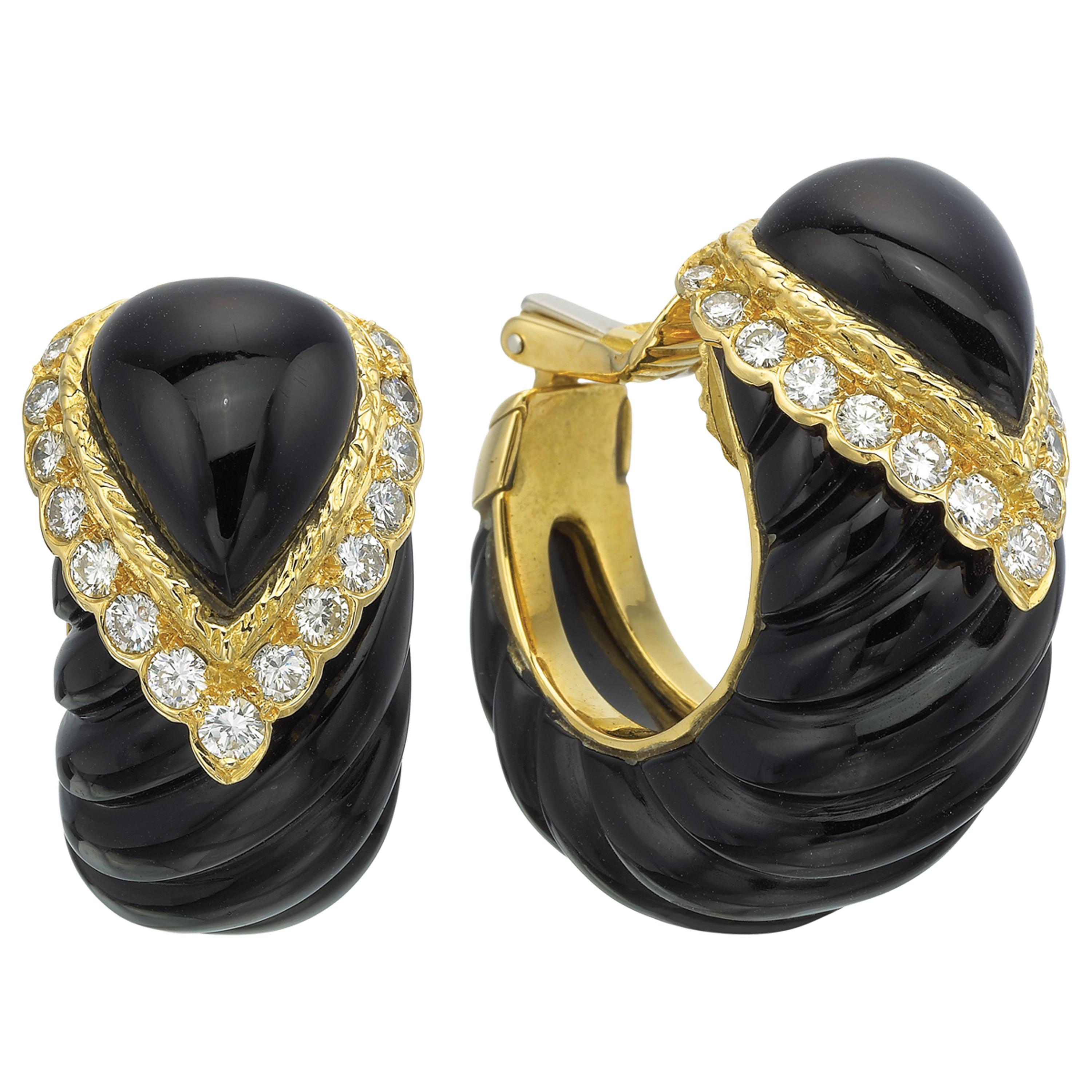 18 Karat Yellow Gold Carved Black Onyx with Diamond Hoops