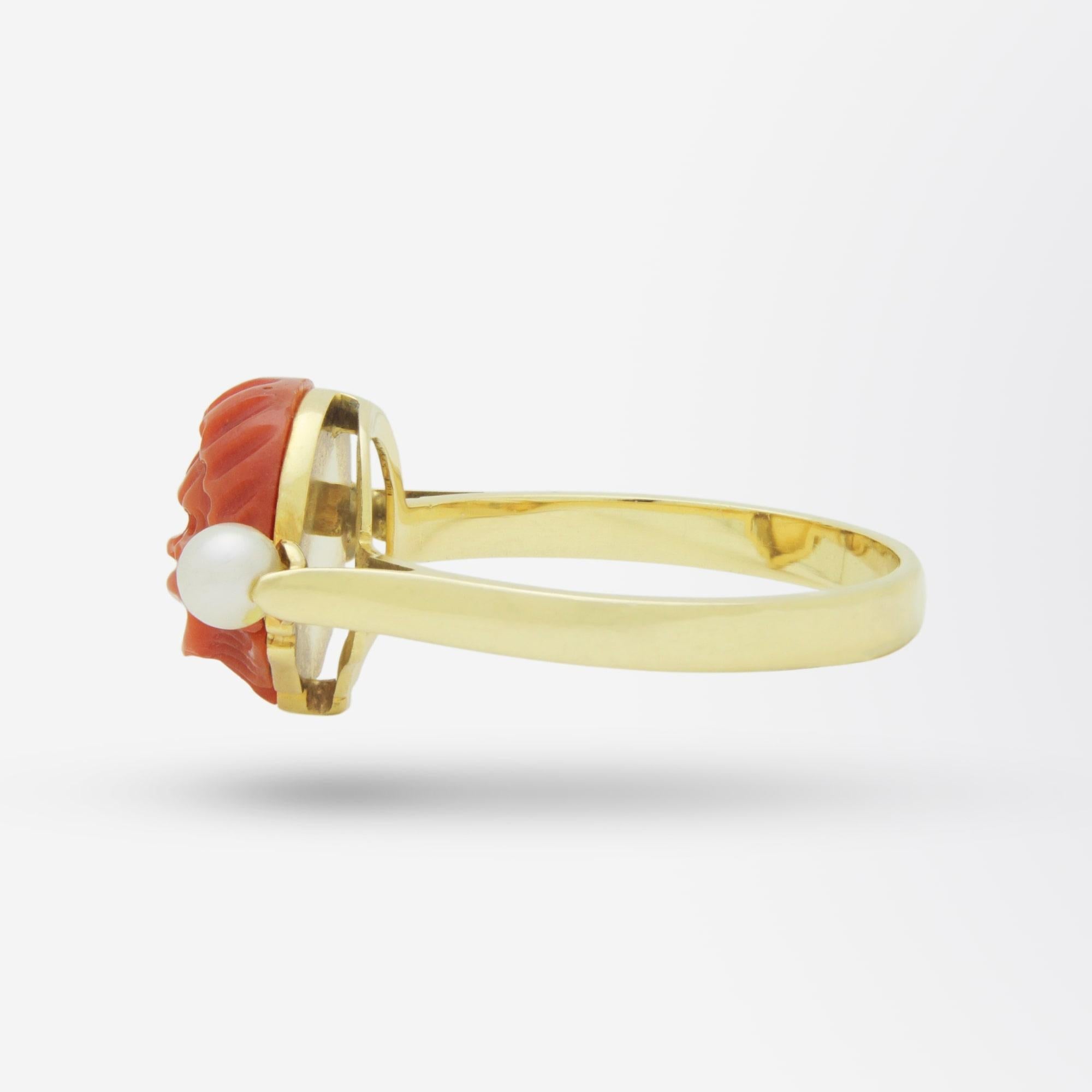 Uncut 18 Karat Yellow Gold, Carved Coral, and Twin Pearl Ring