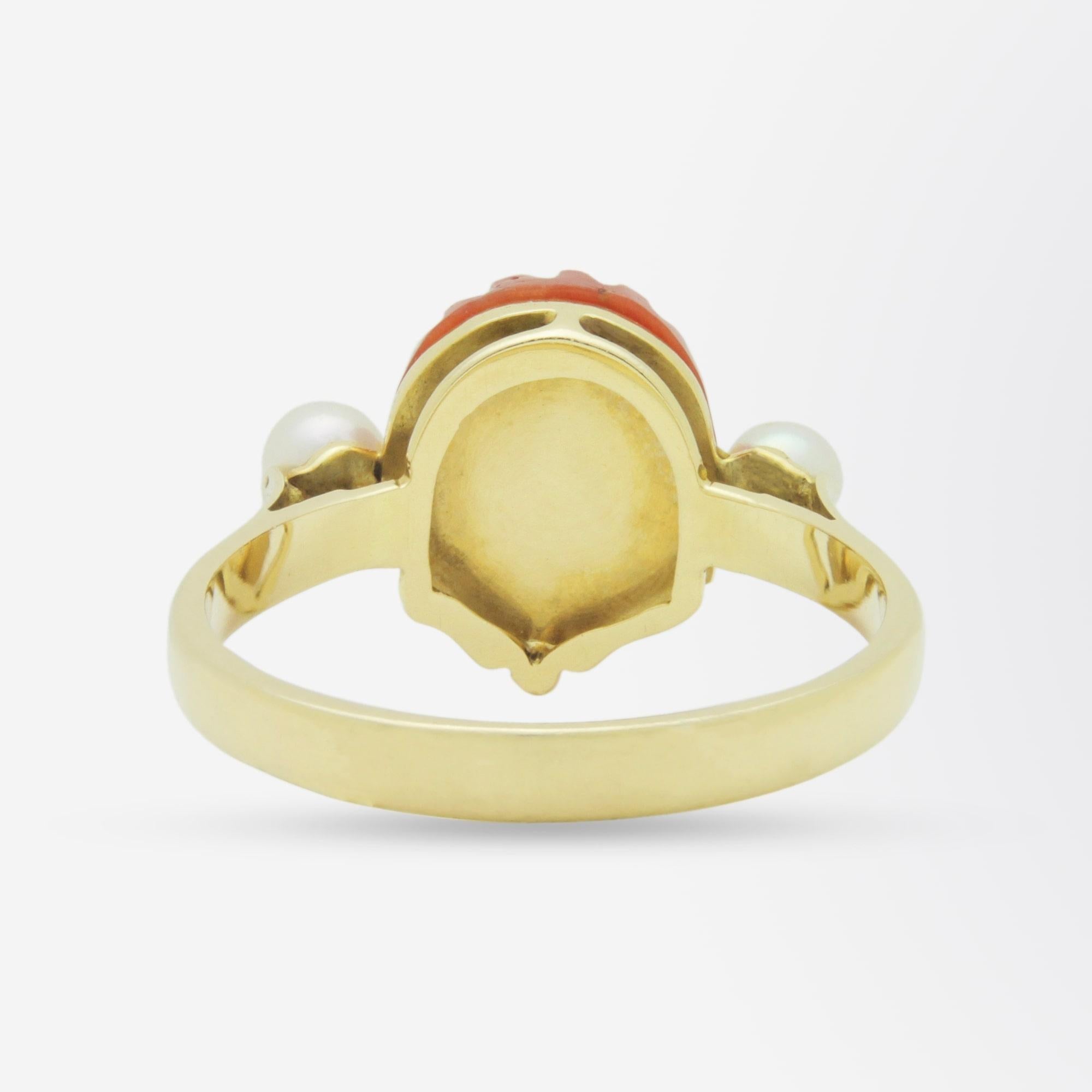 18 Karat Yellow Gold, Carved Coral, and Twin Pearl Ring In Good Condition In Brisbane, QLD