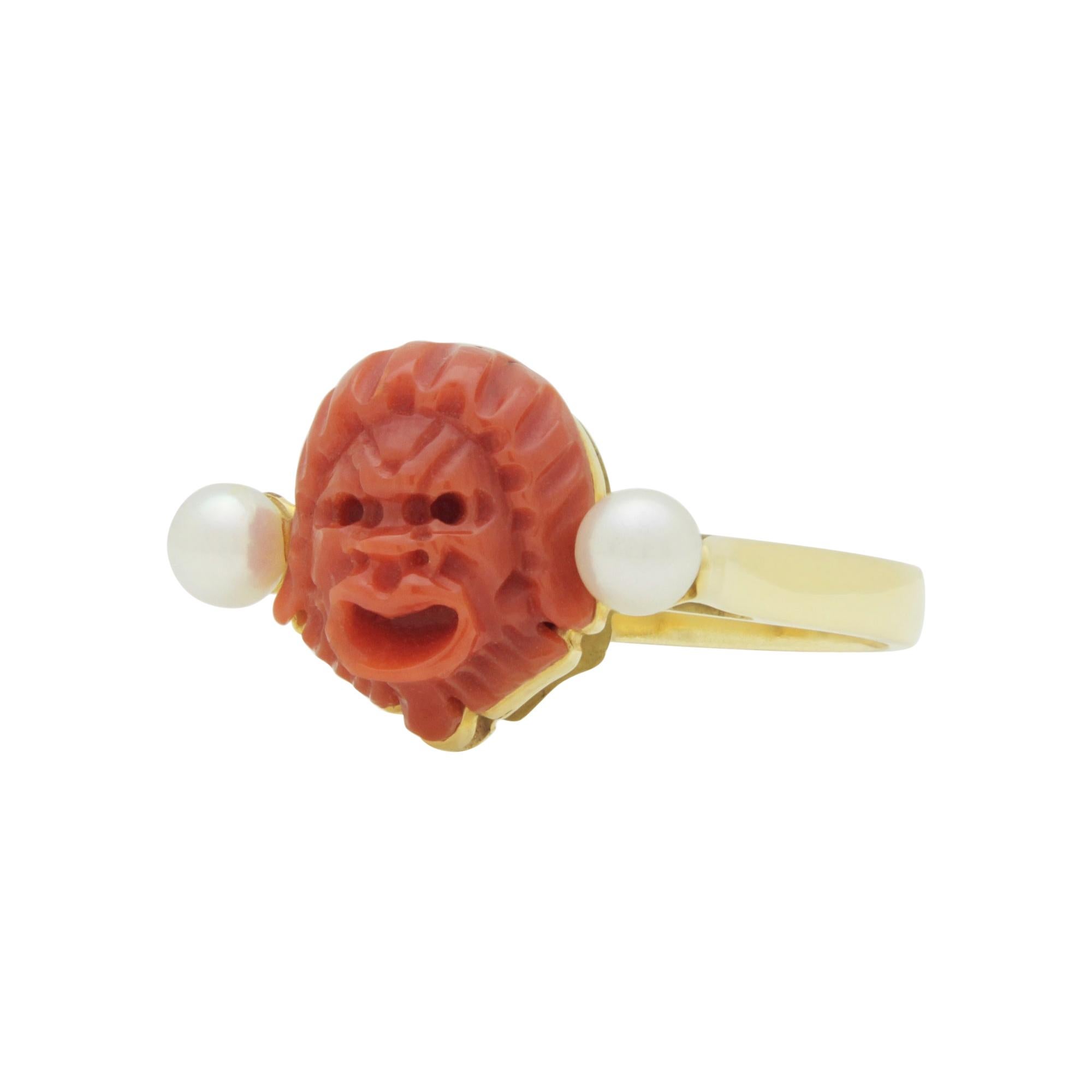 18 Karat Yellow Gold, Carved Coral, and Twin Pearl Ring