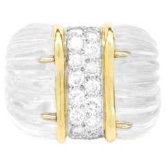 18 Karat Yellow Gold Carved Crystal and Diamond Ring